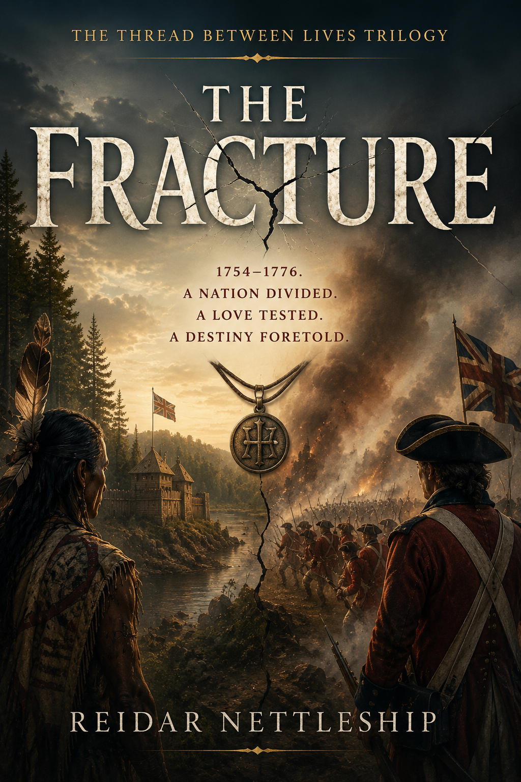Cover of The Fracture by Reidar Nettleship, the second novel in The Thread Between Lives Trilogy. Historical fiction during the French and Indian War and American Revolution, exploring love, sacrifice, destiny, Native American history, and the birth.