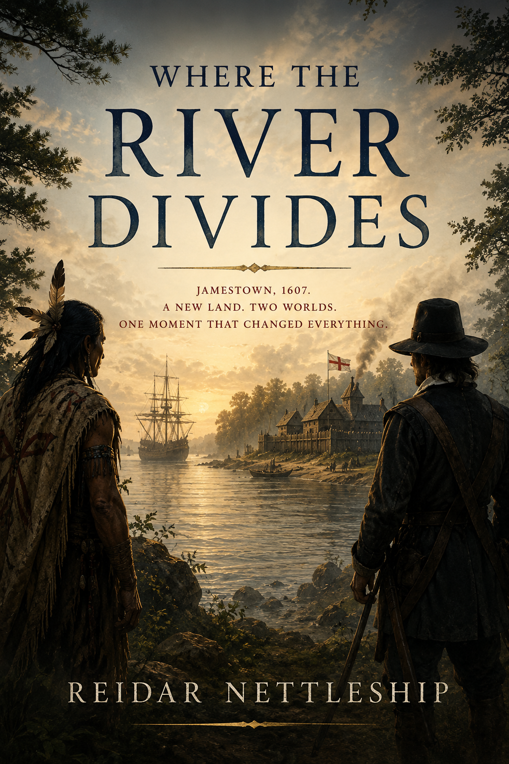 Cover of Where the River Divides by Reidar Nettleship, the first novel in The Thread Between Lives Trilogy. Historical fiction set in Colonial America, exploring Jamestown, Native American history, adventure, destiny, family, love, and survival.