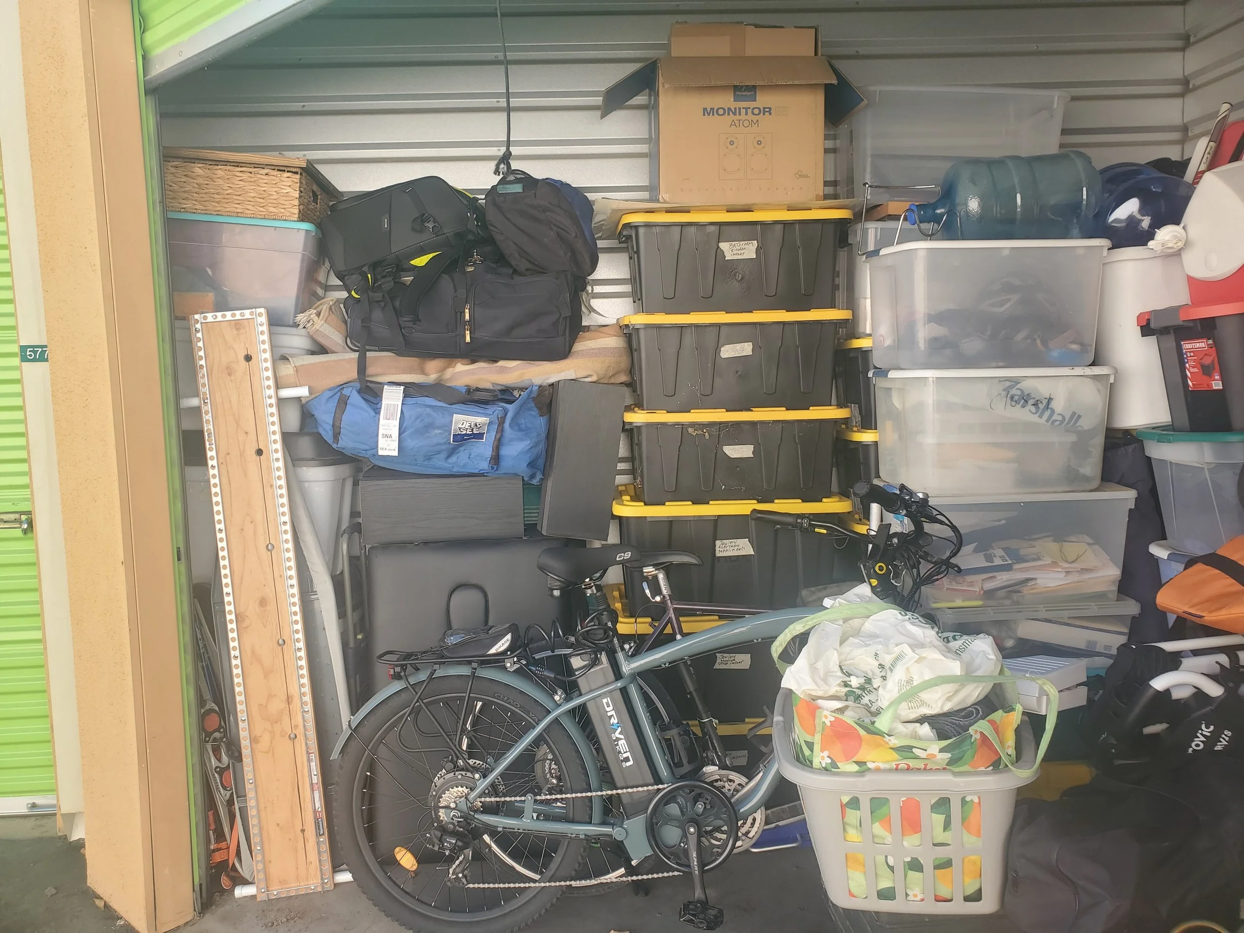 Storage unit holding the first materials, tools, and supplies used to begin converting a commercial box truck into a mobile storytelling studio documenting travel, hope, and inspiring stories.