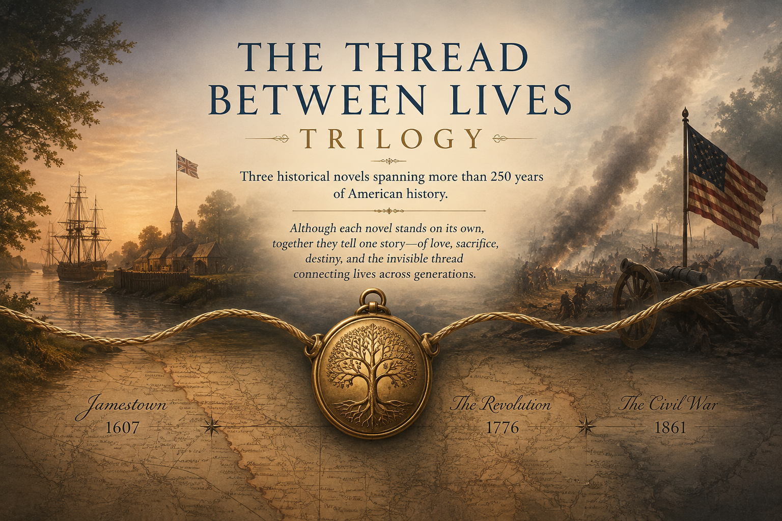 Promotional artwork for The Thread Between Lives Trilogy by Reidar Nettleship, a historical fiction trilogy spanning Colonial America, American Revolution, and the Civil War, connected by family, destiny, love, sacrifice, and hope across generations.