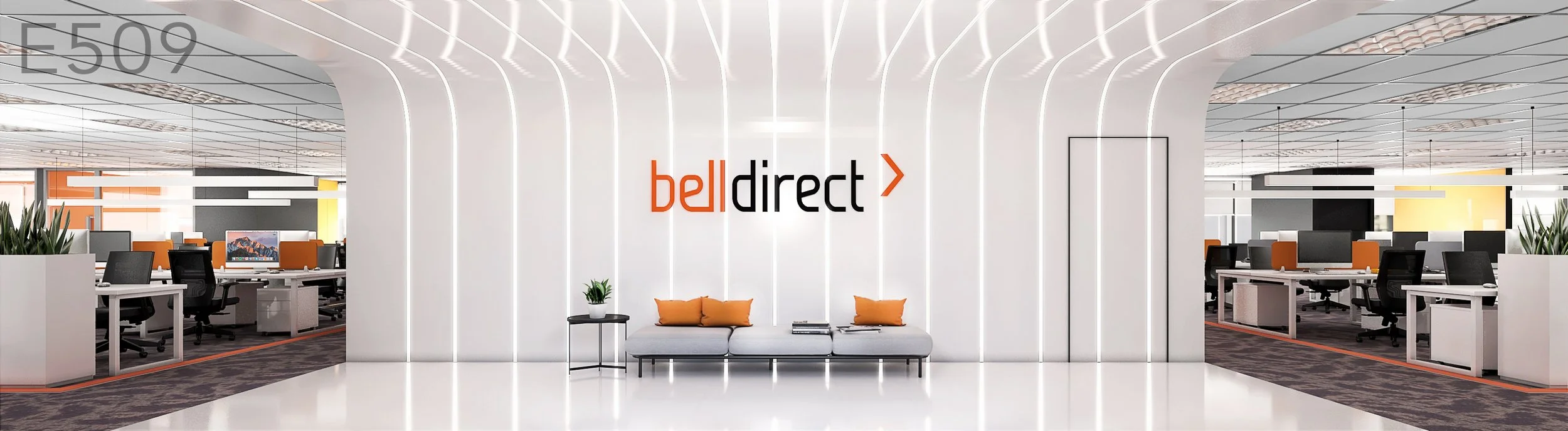 Modern office interior with "bell direct" logo, open workspace, desks, chairs, plants, and contemporary design elements.
