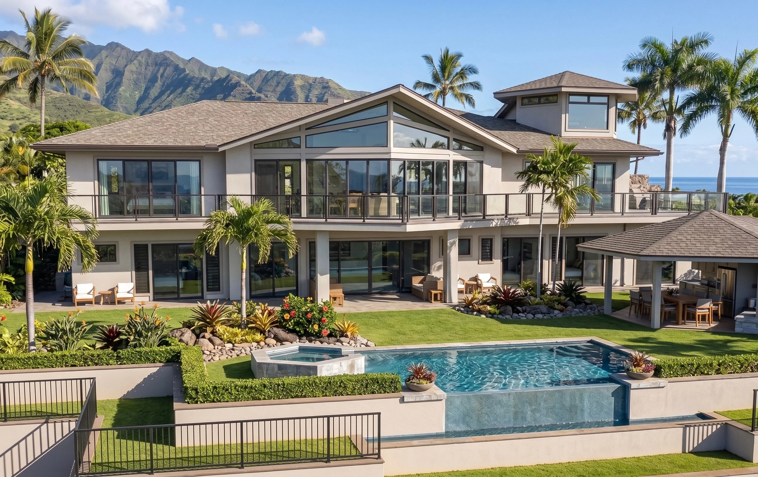 Custom multi-level modern residential home designed in Hawai'i by Hesse Design & Build, featuring large glass windows, palm trees, a backyard swimming pool, and ocean views in the background.