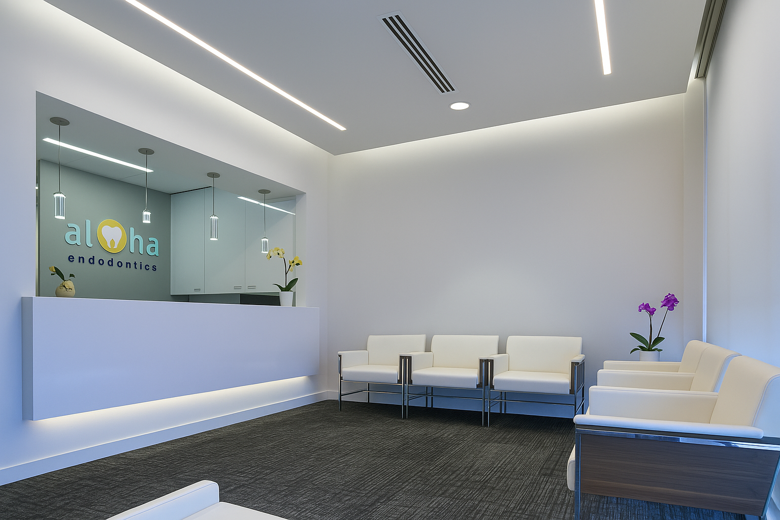 Modern dental office reception area at Aloha Endodontics in Hawai'i, featuring architecture and construction administration by Hesse Design & Build, white chairs, purple orchids, and a reception desk with yellow orchids.