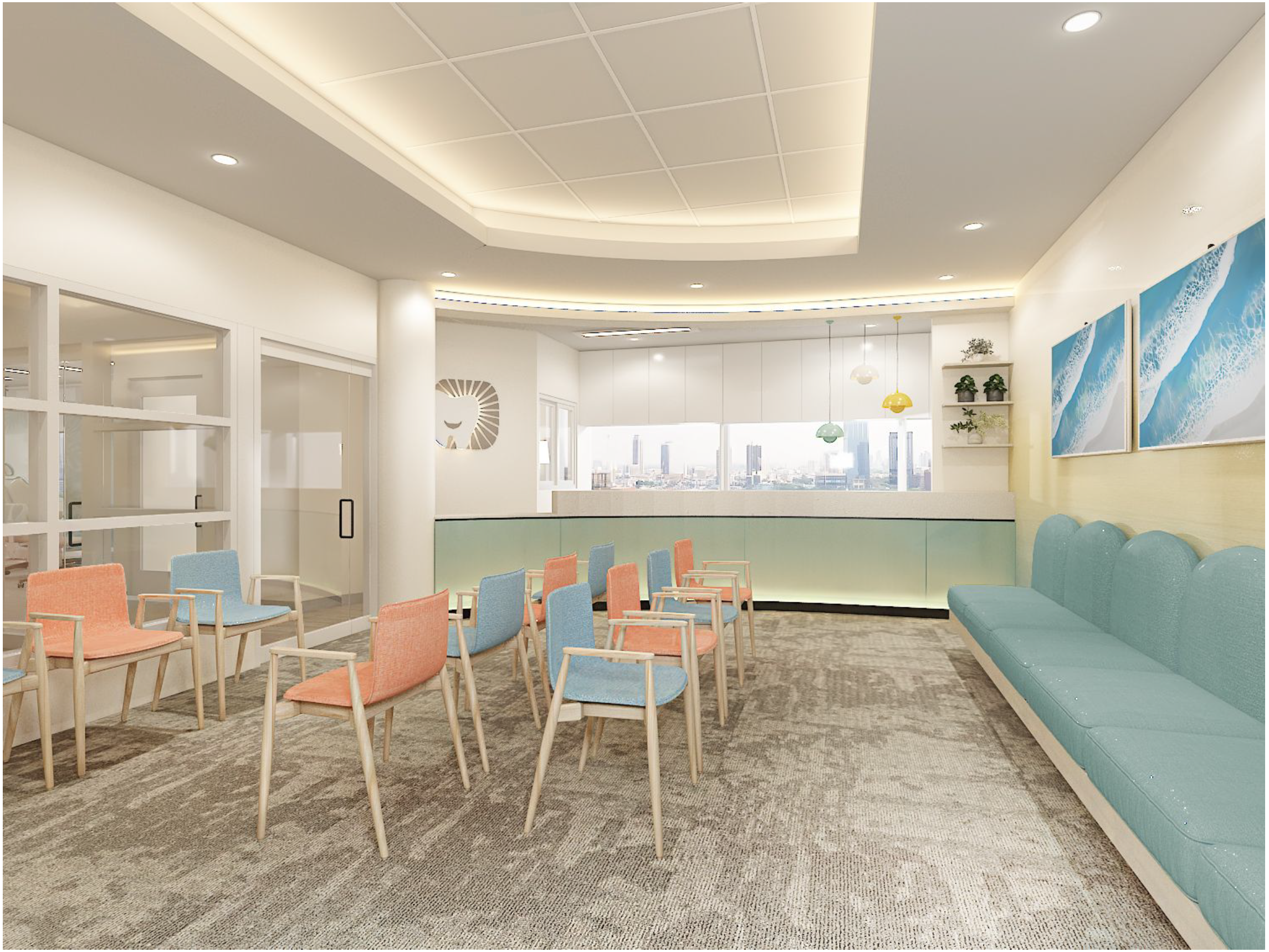 Bright modern waiting area at Hawaii Orthodontics designed by Hesse Design & Build, featuring colorful chairs, a blue bench, decorative wall art, and large windows with city views.