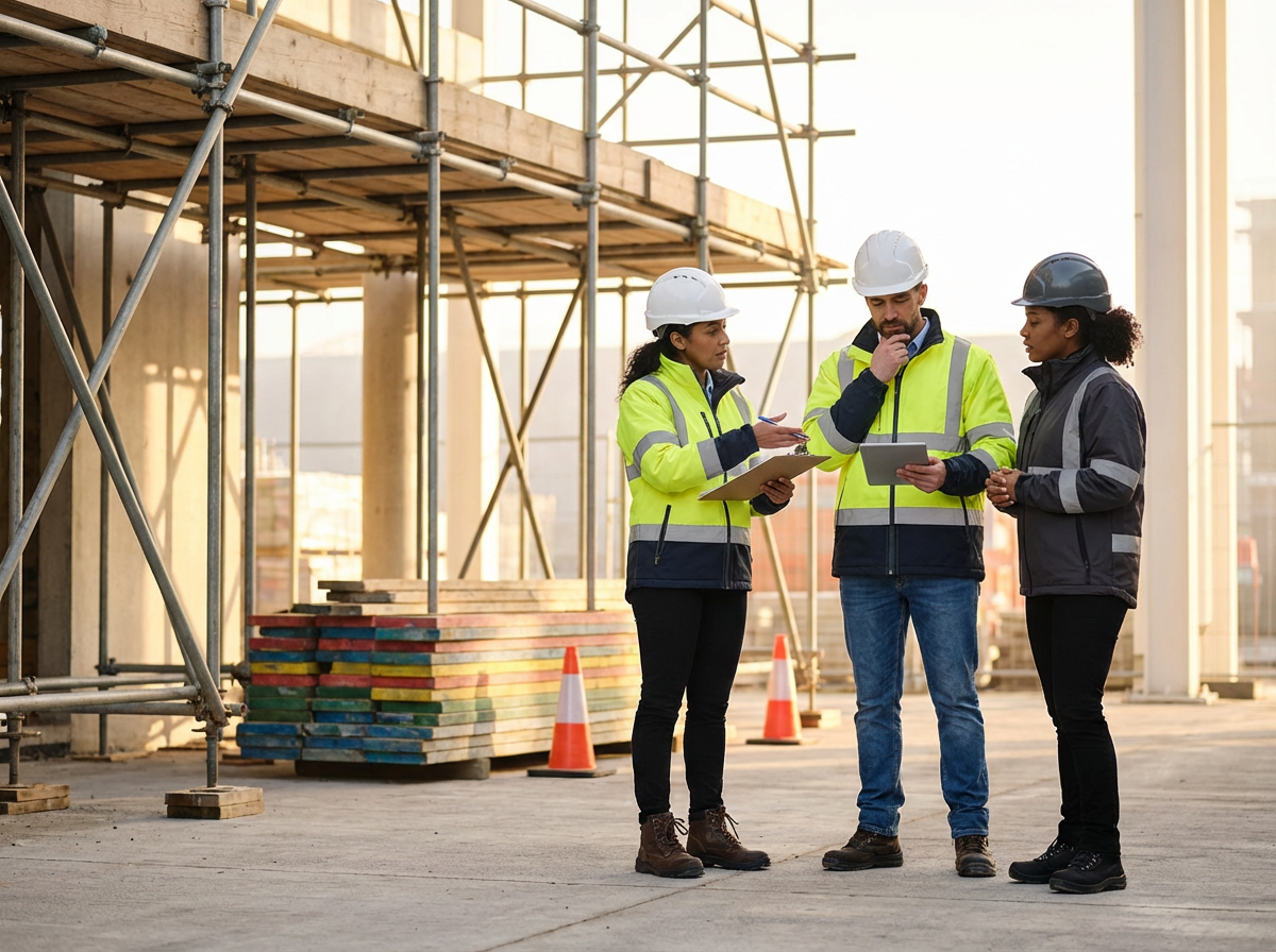 Three construction workers wearing safety helmets and high-visibility jackets standing together on a construction site, reviewing plans or documents.