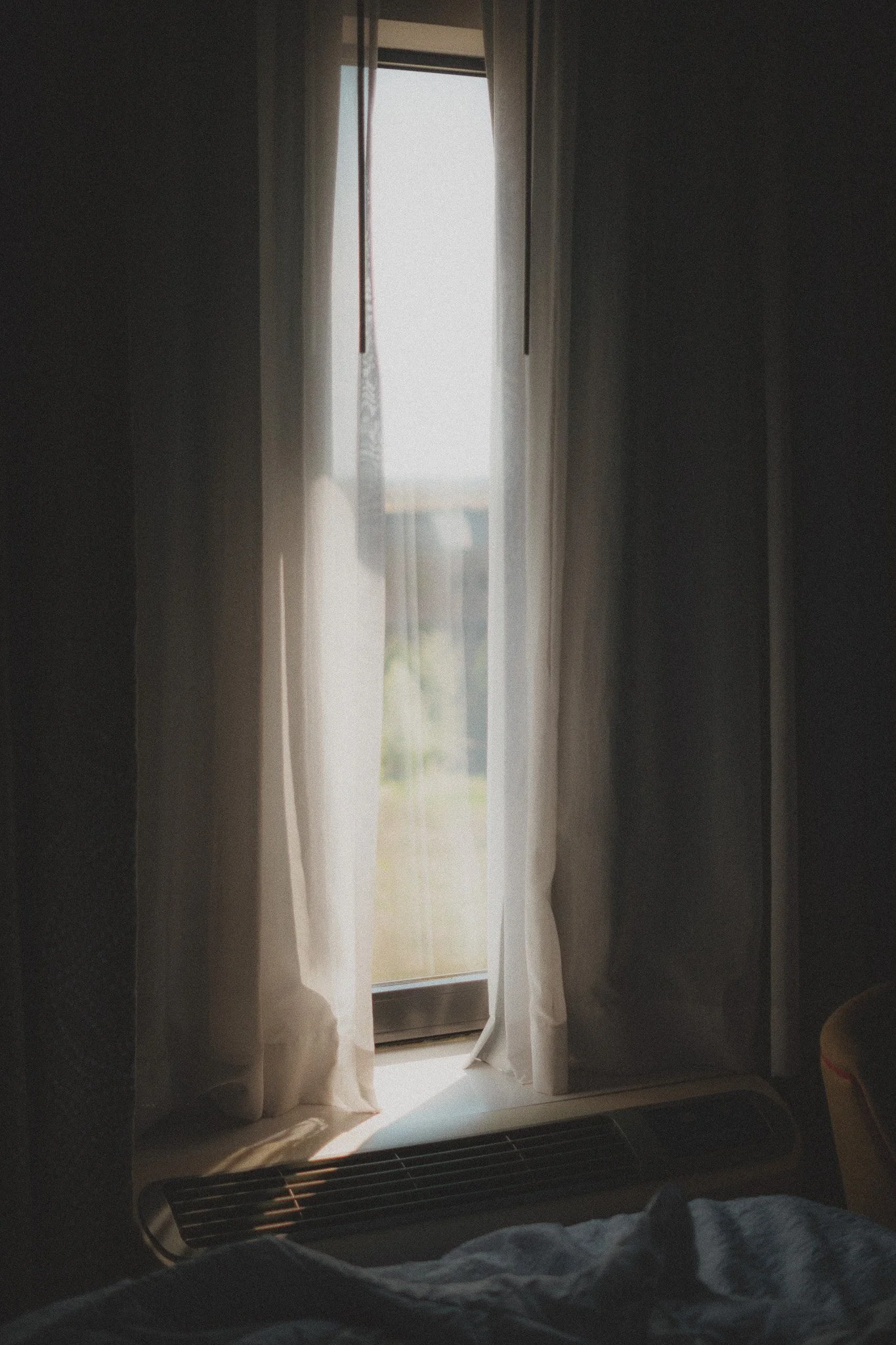 A view through half-open white curtains at a window, with sunlight shining in, revealing a grassy outdoor area.