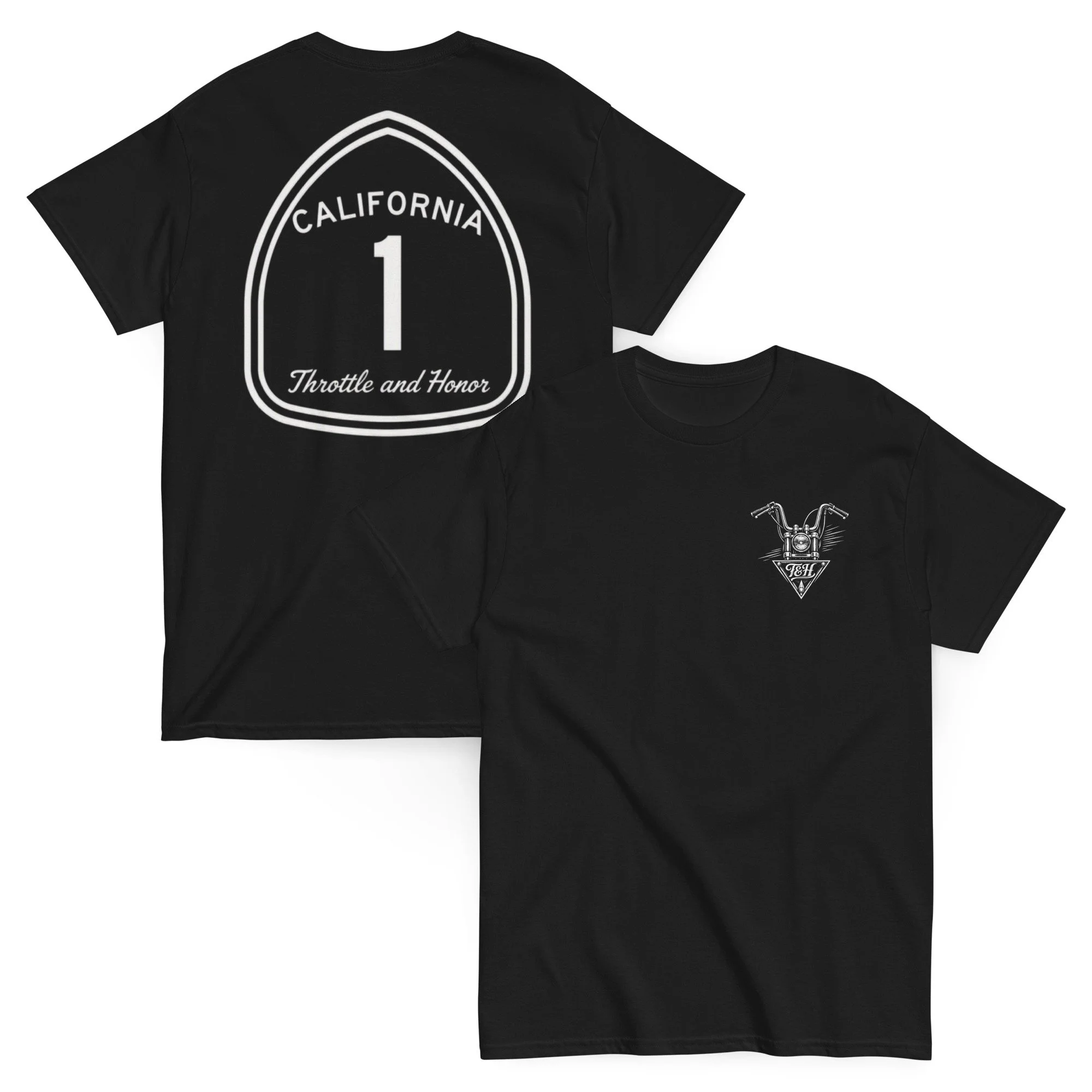 Black T-shirt with a large white design on the back that reads "California 1 Throttle and Honor".