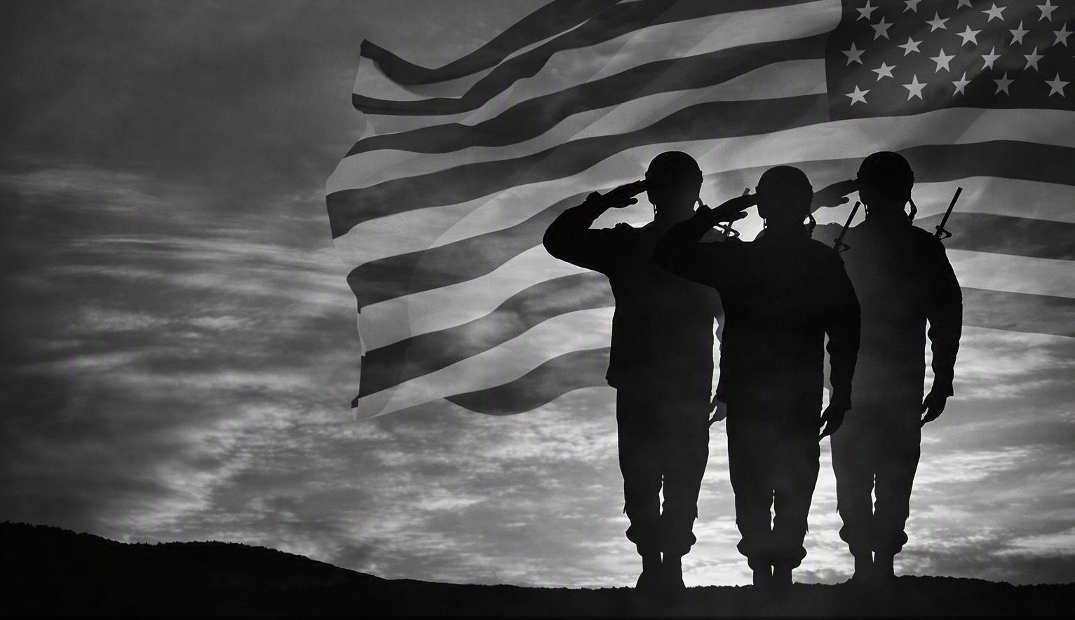 Silhouette of three soldiers saluting in front of an American flag with a cloudy sky background.