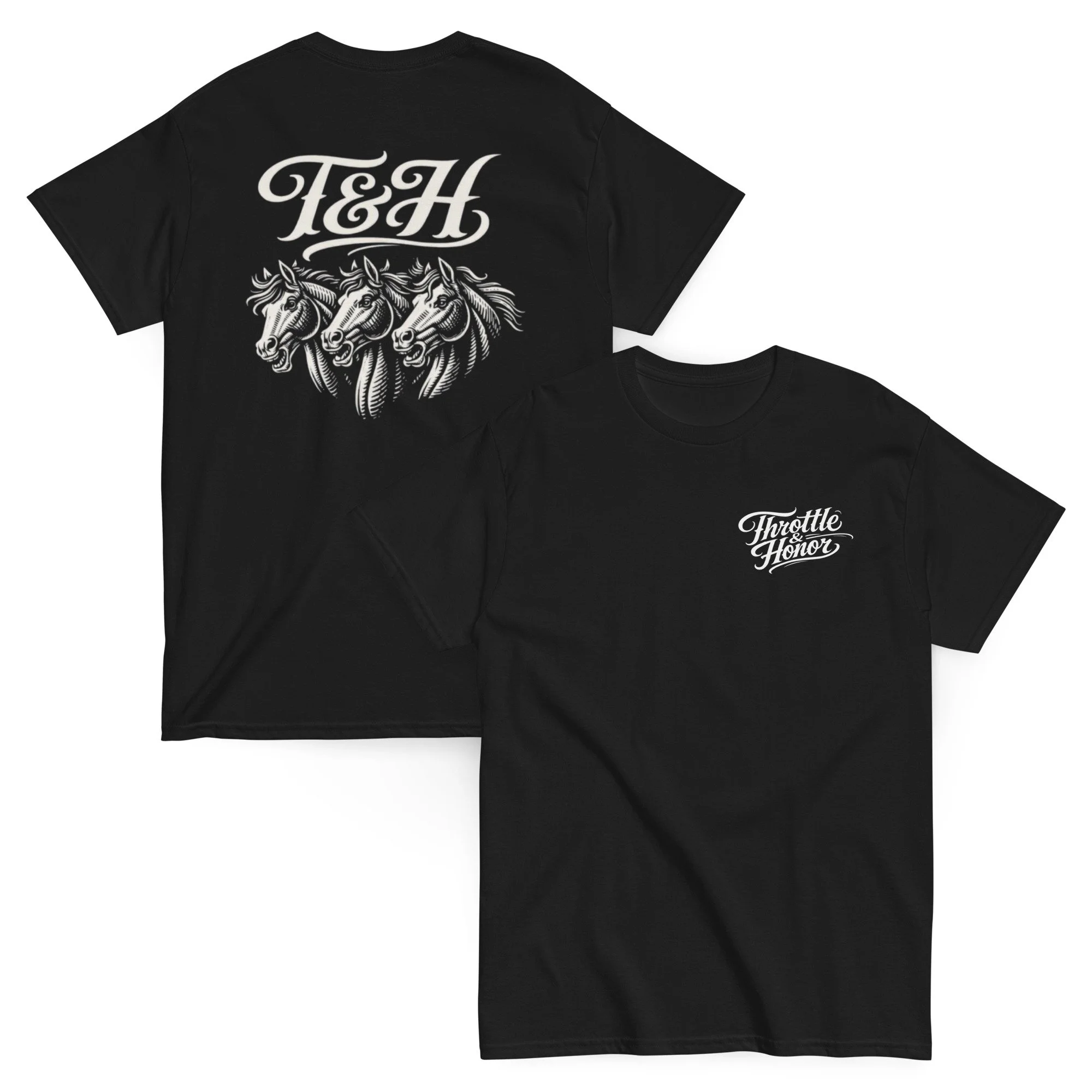 Black T-shirt with a white logo of three horse heads and the words "Throttle & Honor" on the front.