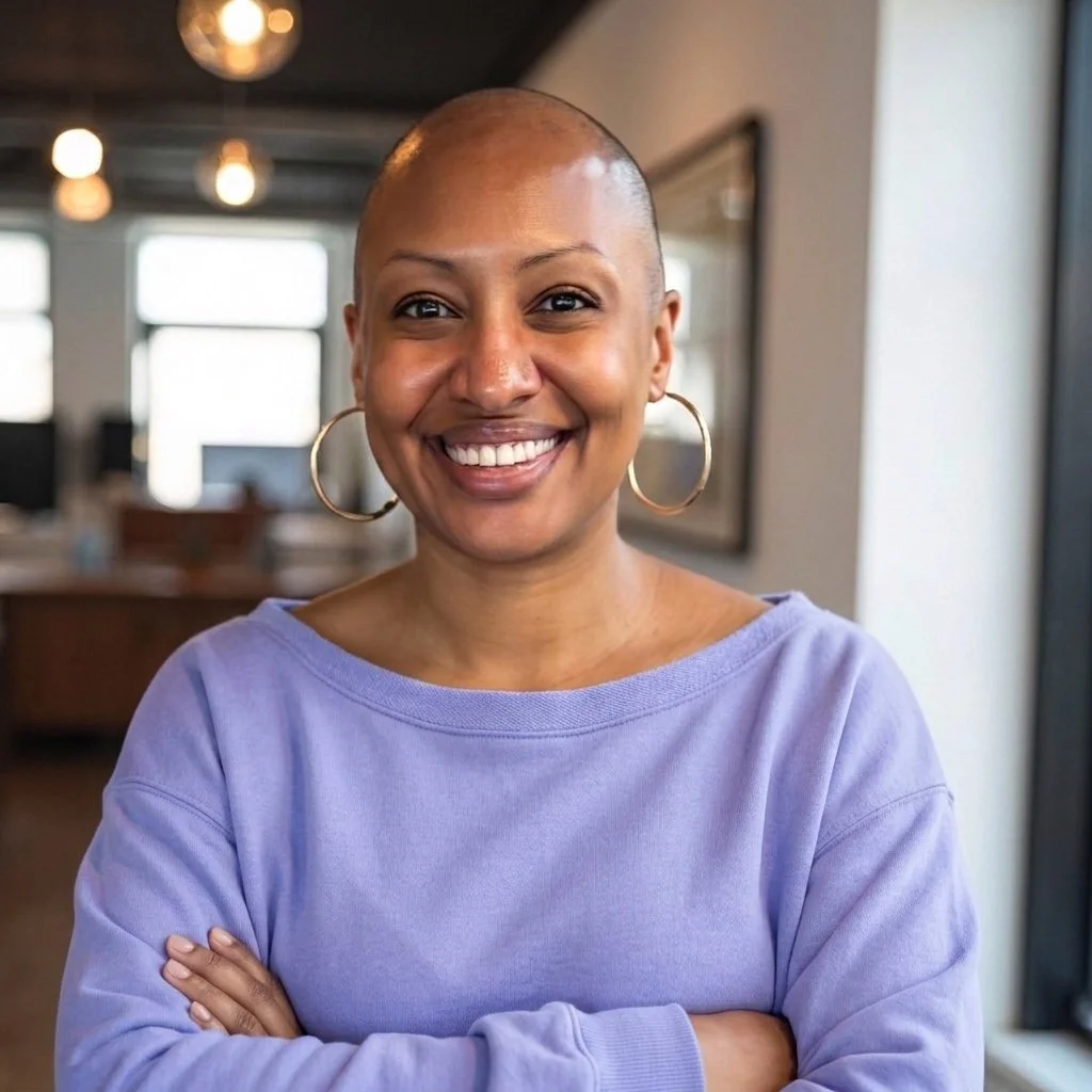 Smiling woman with a shaved head and hoop earrings, wearing a purple sweatshirt, in a well-lit indoor setting.
