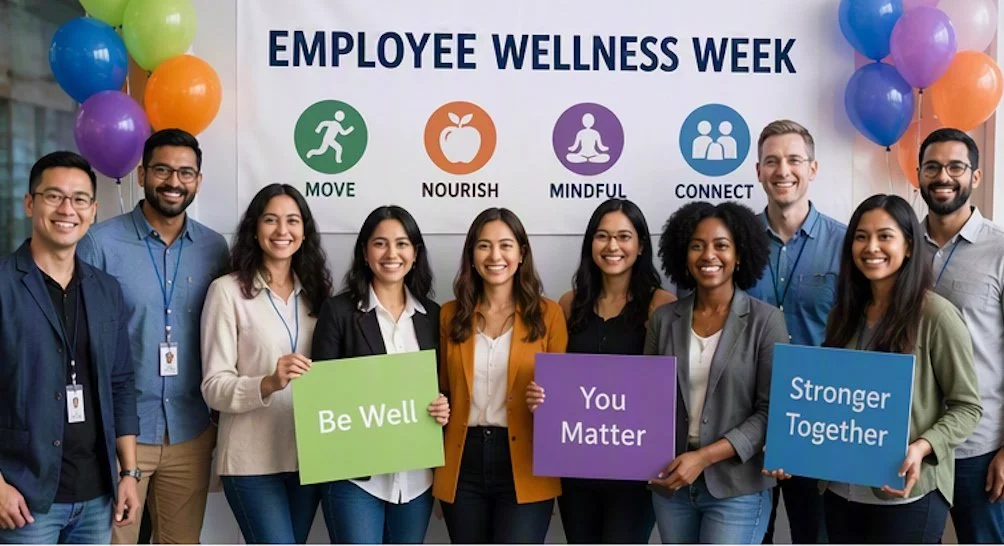 A group of diverse employees standing in front of a banner that reads 'Employee Wellness Week' with icons labeled 'Move', 'Nourish', 'Mindful', and 'Connect.' Some are holding signs that say 'Be Well,' 'You Matter,' and 'Stronger Together.' There are colorful balloons decorating the area.