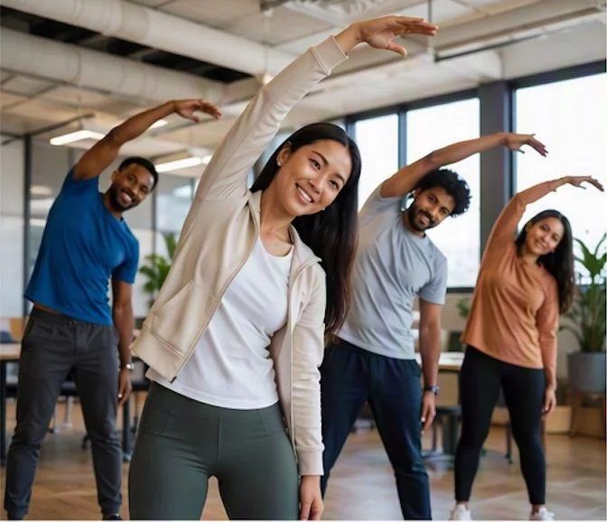 Four diverse people doing stretching exercises in a bright, modern office space