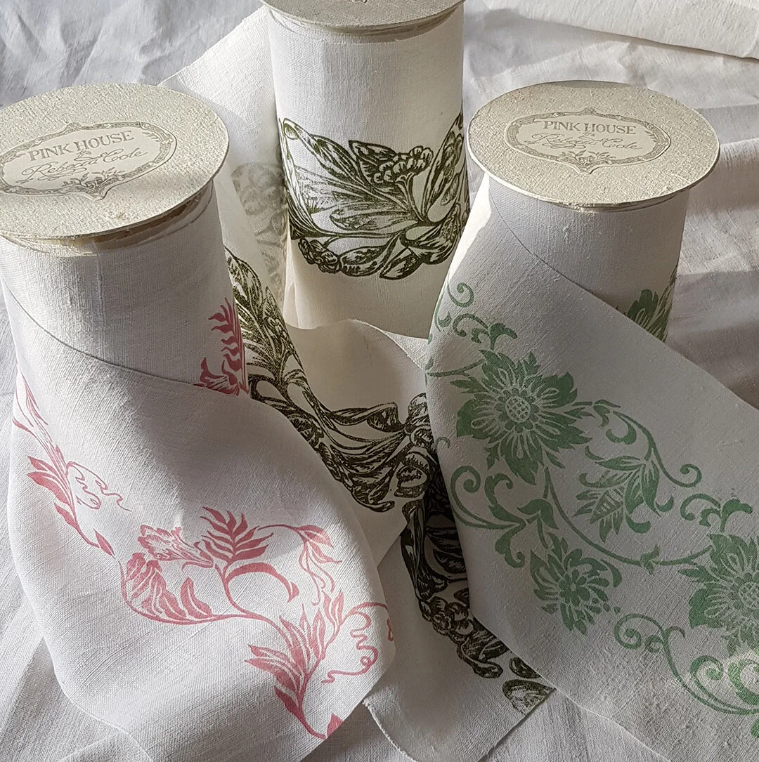Hand block printed borders on vintage French linen.