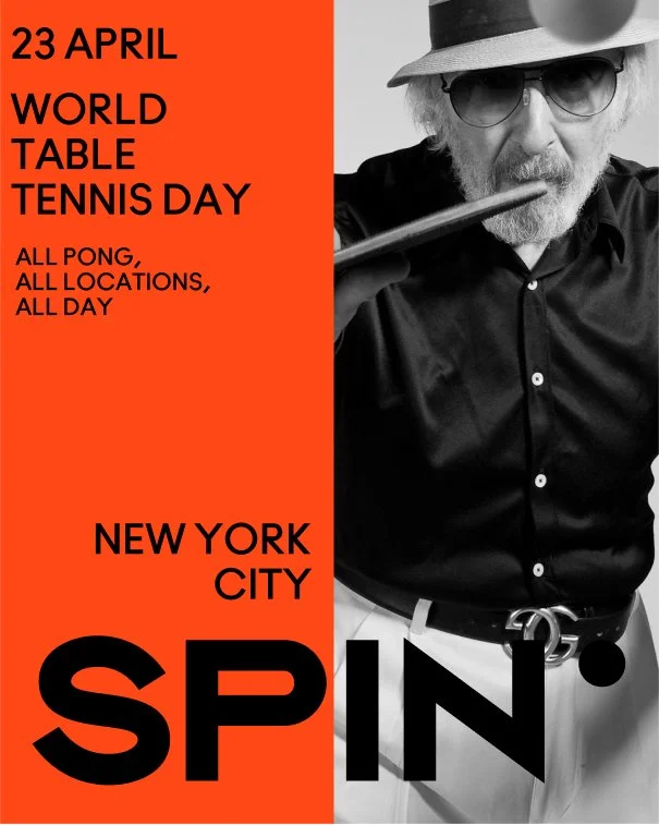 Orange branded graphic for Spin ping pong club featuring an embedded photo, social media creative for a Toronto social club