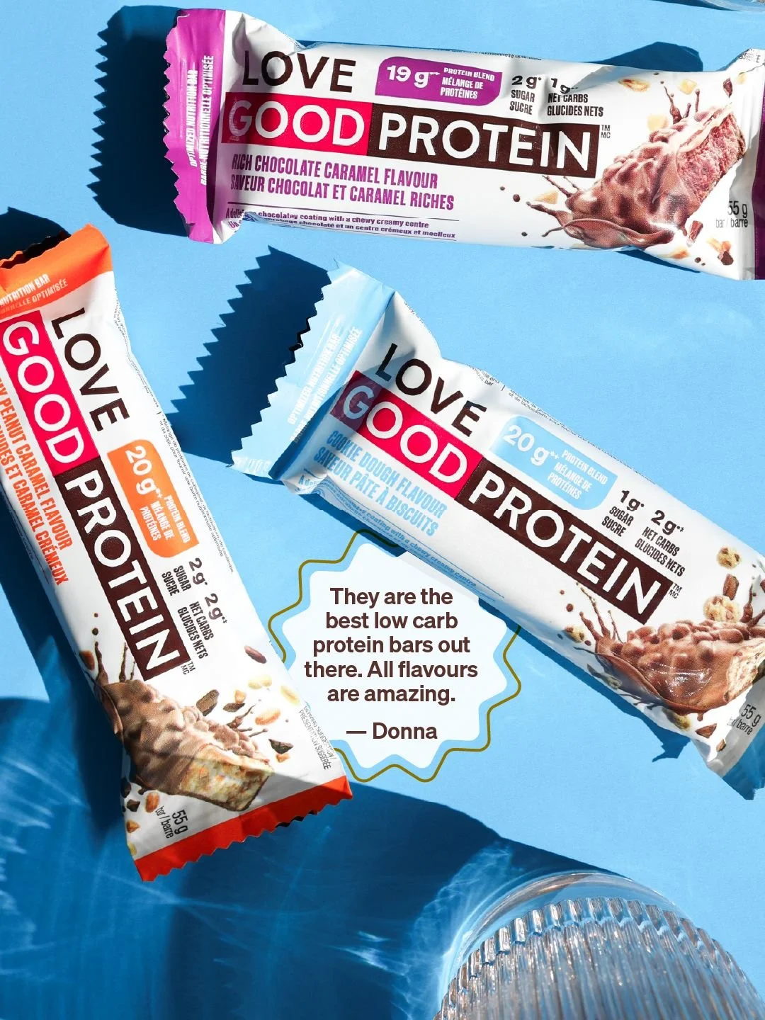 Three Love Good Protein bar flavours on a blue background with a customer testimonial quote from Donna calling them the best low carb protein bars