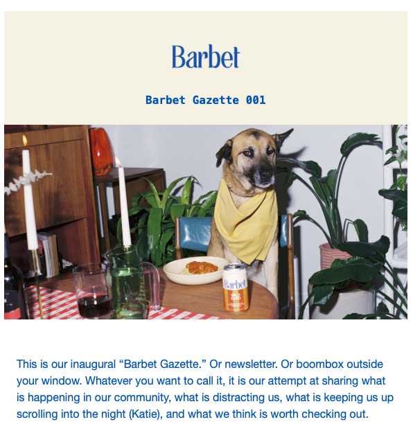 graphic of a barbet gazette social media post with a dog wearing a bandana napkin and drinking a can of soda water