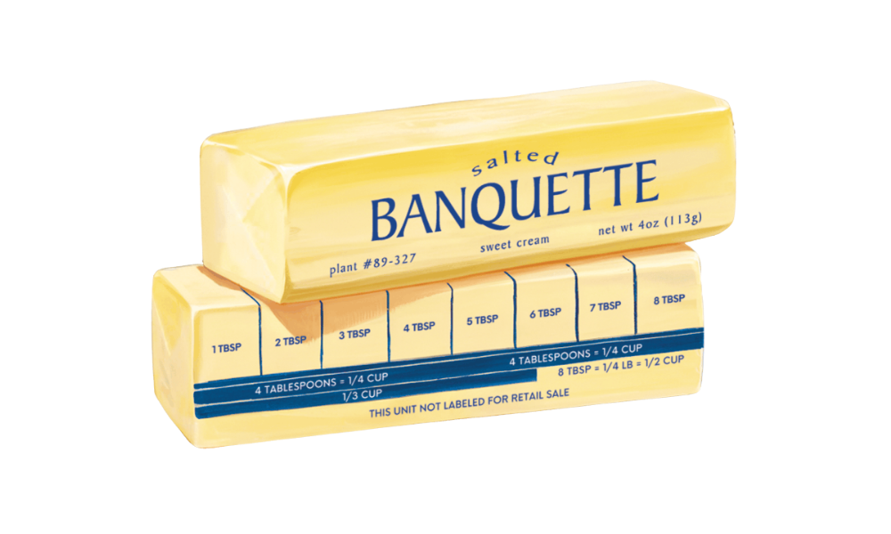 Illustrated salted butter stick package labeled Banquette with tablespoon measurement guide