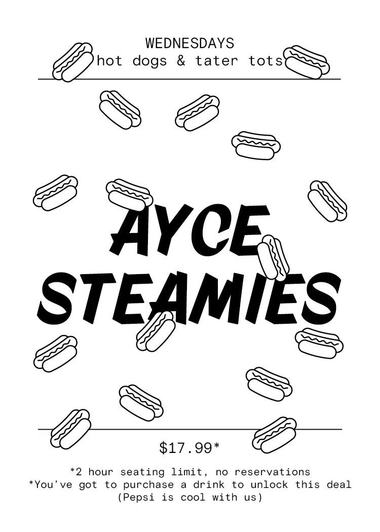 Wednesdays hot dogs and tater tots all-you-can-eat steamies table talker sign for $17.99, promotional signage for a Toronto bar