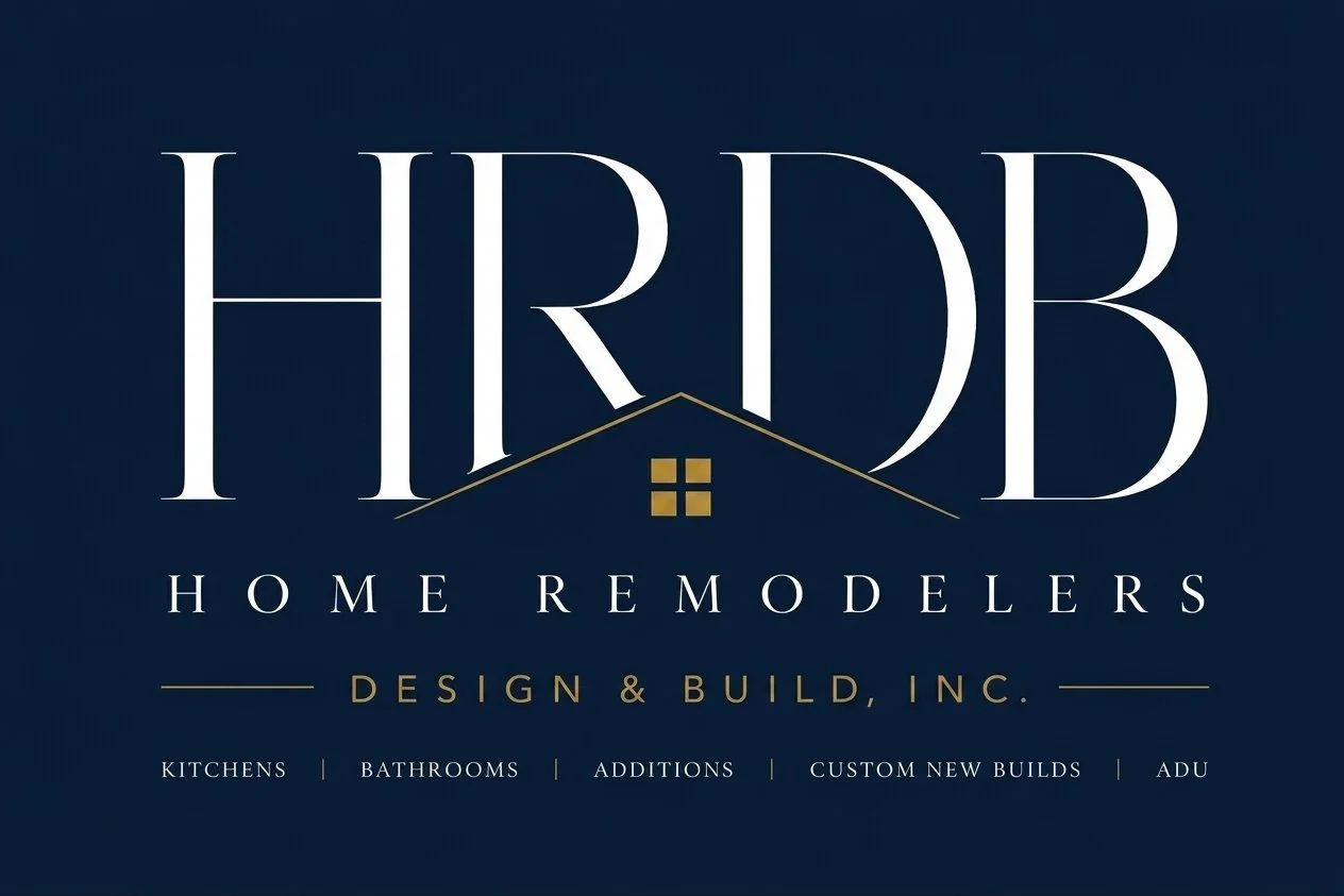 HRDB Home Remodelers logo featuring elegant serif typography over a dark blue background.  The company name, HRDB, features an integrated gold house roof icon with window accents above the text 'Home Remodelers Design & Build, Inc.'