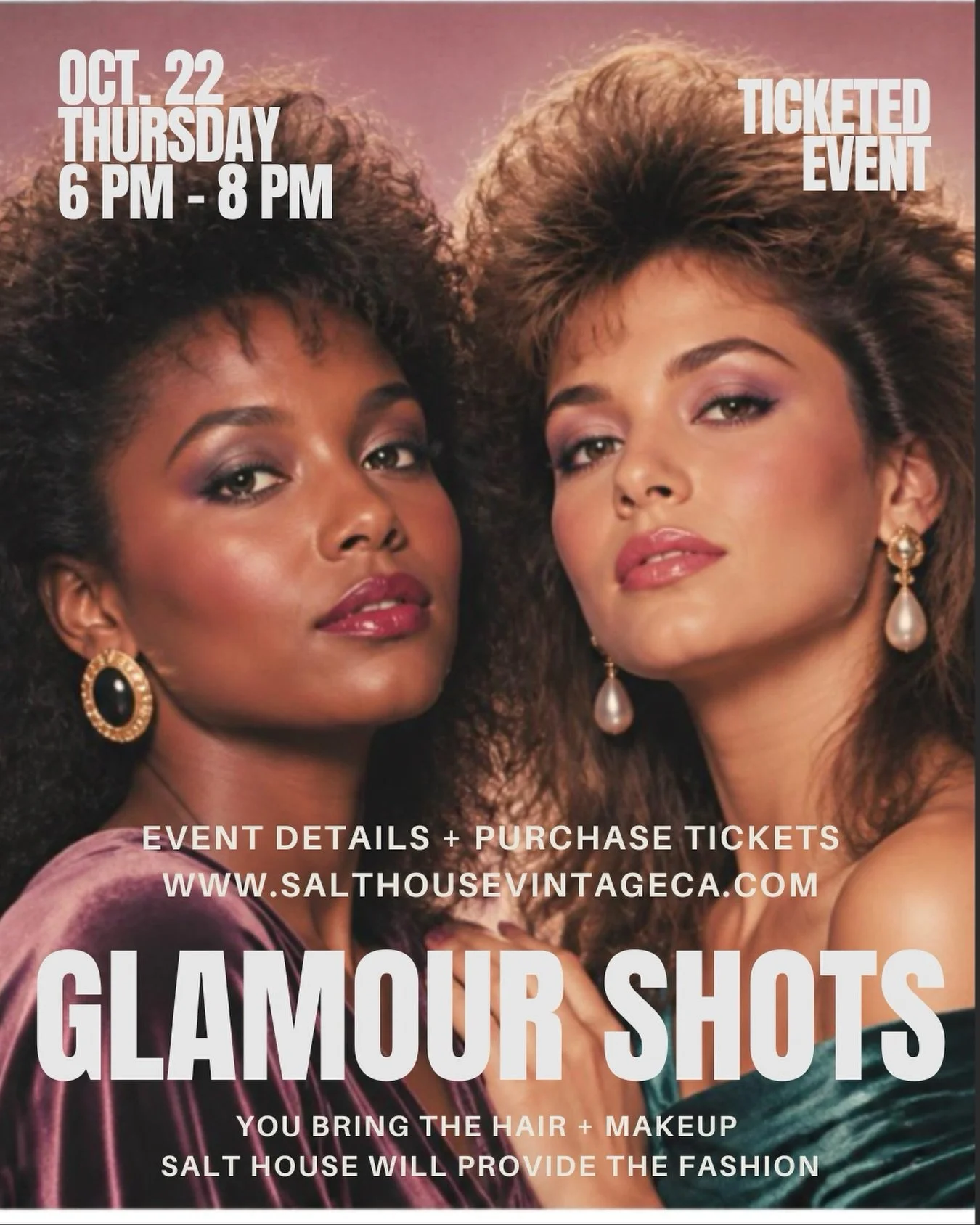 Discover the Glamorous You!

For one special evening, SALT House invites you to experience the magic of Glamour Shots!

Come with hair and makeup ready, then choose from our fabulous collection of fashion and accessories. 

With soft lighting, a sexy