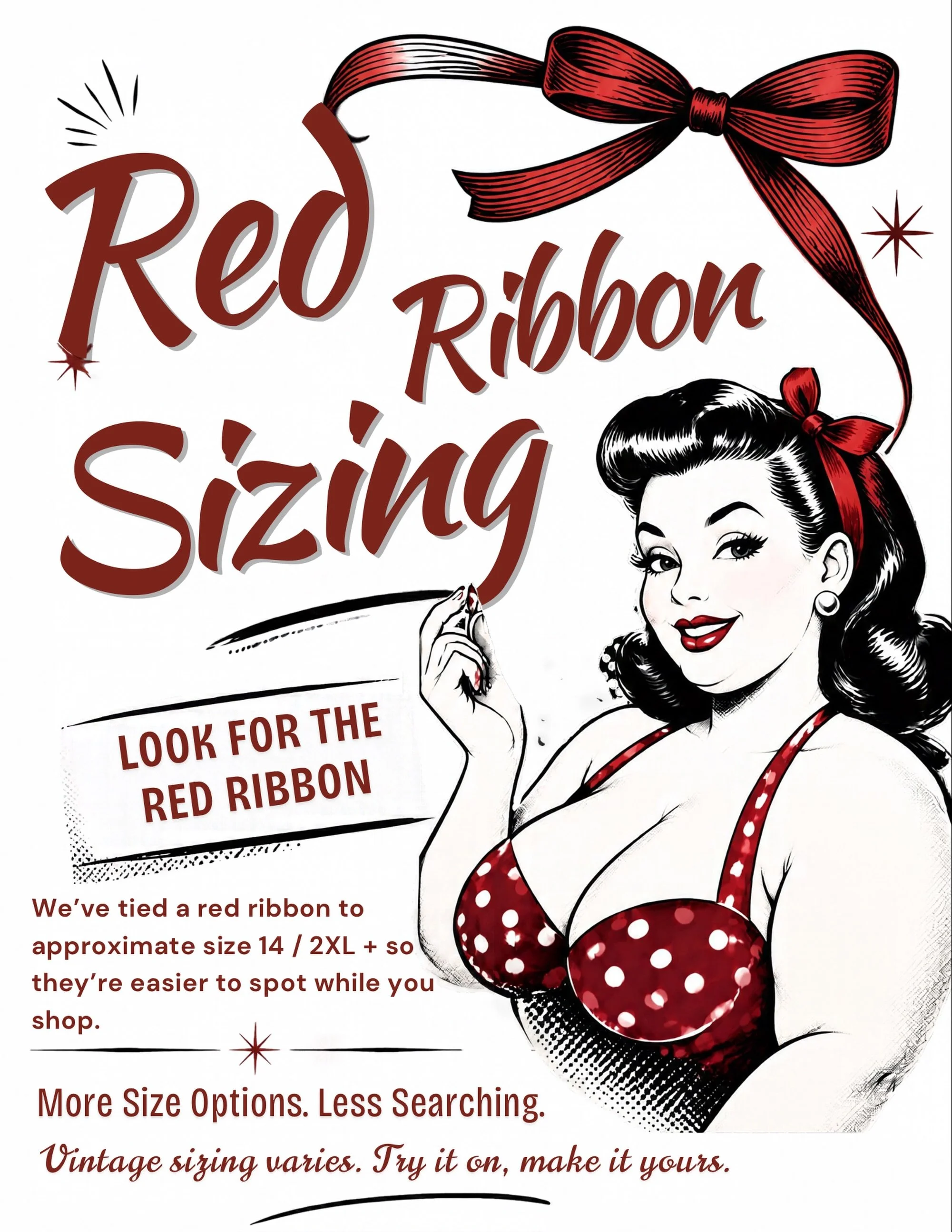 It&rsquo;s hard to organize vintage clothing in any way that sizing is consistent, so I don&rsquo;t even bother 💁🏼&zwj;♀️

But I also want your shopping experience to be enjoyable! &hearts;️🎀

There are red ribbons throughout the warehouse and the
