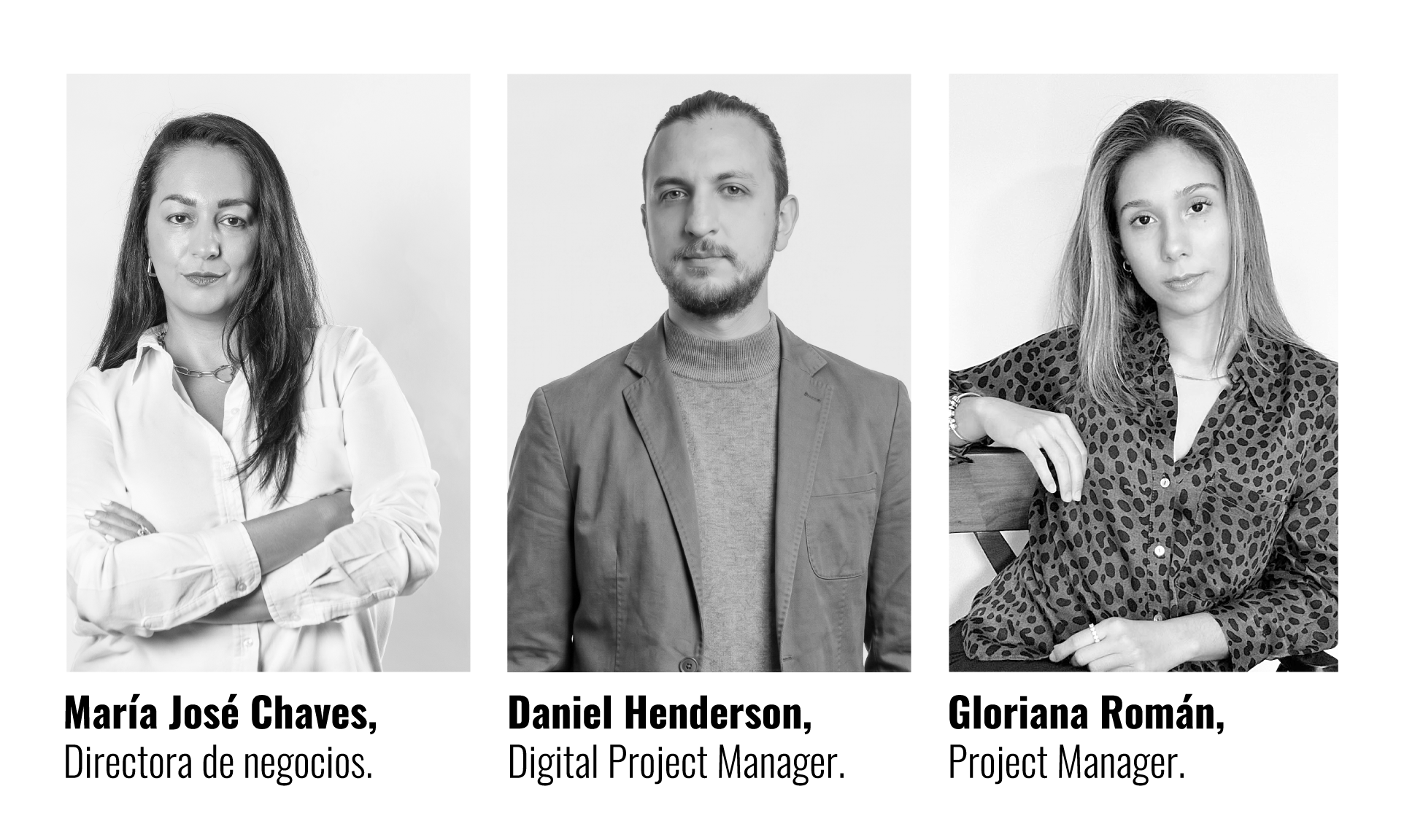 Three black and white portraits of people, a woman with long hair and earrings, a man with a beard, and a woman with straight hair wearing a leopard print shirt, smiling and looking at the camera.
