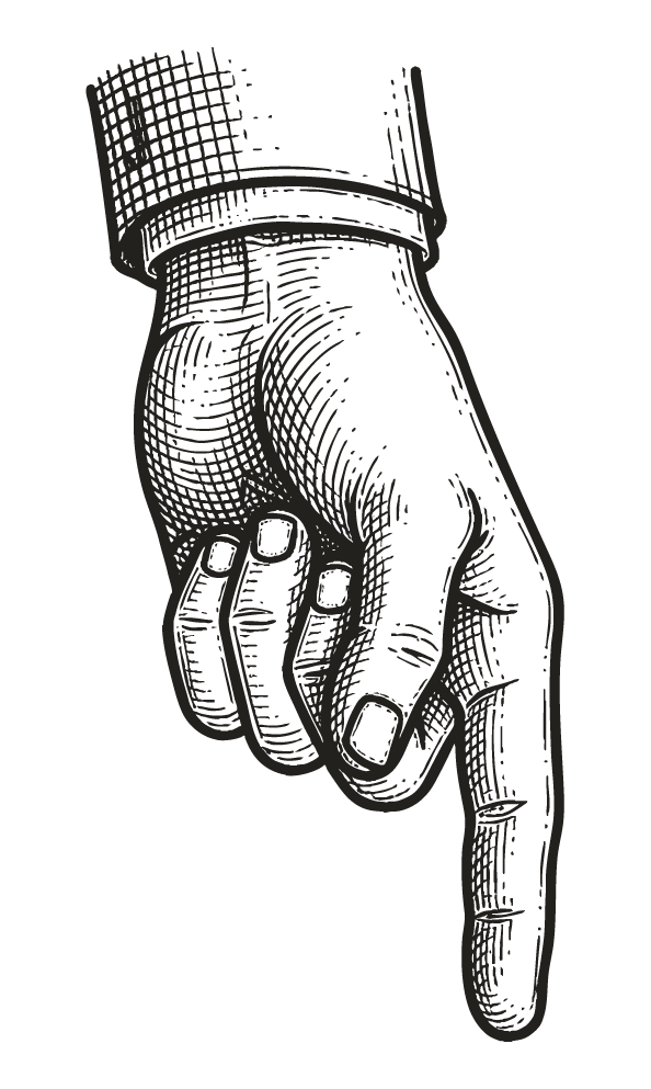 Illustration of a human hand with the index finger pointing downward, depicted in a vintage engraving style.