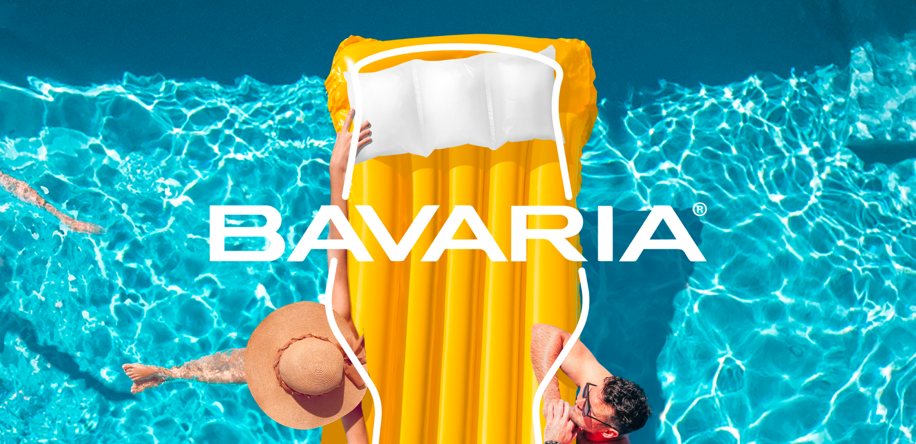 People relaxing on a yellow inflatable float in a swimming pool, with a woman wearing a sun hat and a man with glasses nearby, and the word BAVARIA overlaid.