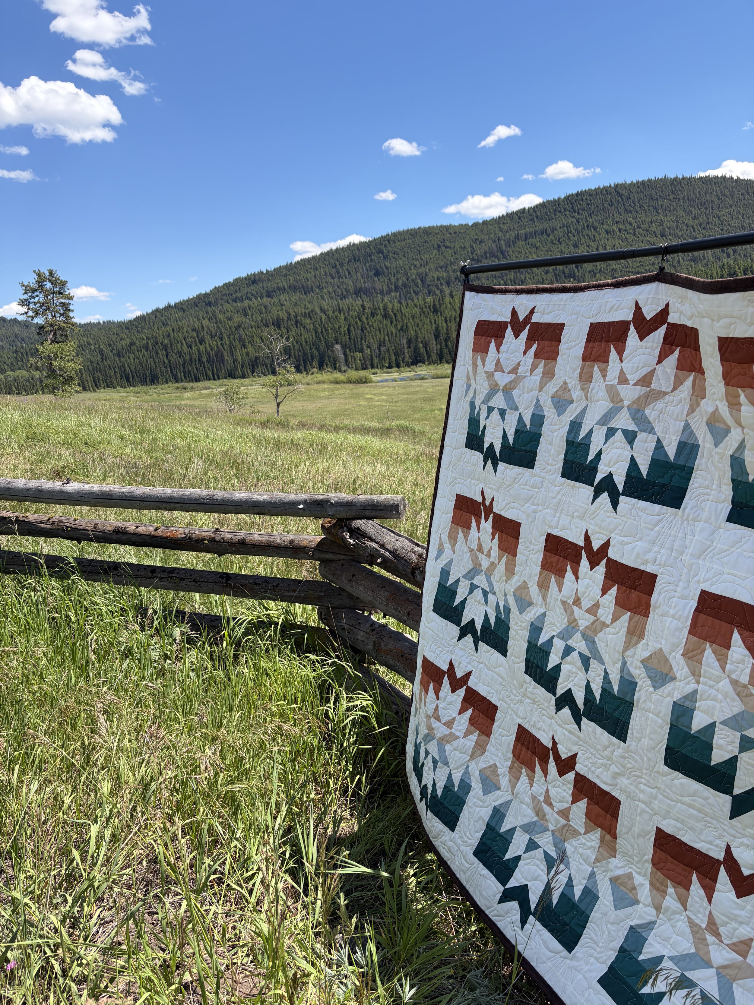 A quilt with geometric patterns hanging on a black metal rod in a grassy field with trees and mountains in the background under a partly cloudy sky.