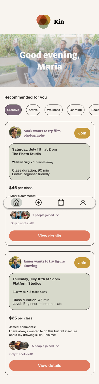 A mobile app screen showing a social event platform with a welcome message, filter options, and upcoming class listings for photography and figure drawing, with join buttons and attendee counts.