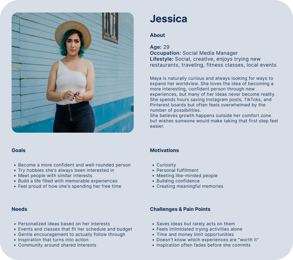 Profile of Jessica, a 29-year-old social media manager, standing outdoors against a light blue wooden wall, wearing a white sleeveless top, dark high-waisted pants, and a wide-brimmed straw hat with teal hair.