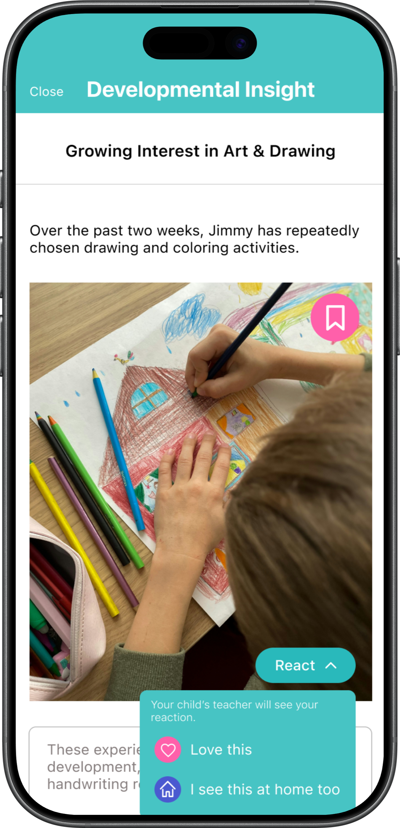 Child coloring a drawing of a house with crayons on paper, surrounded by colored pencils and a pink pencil case.