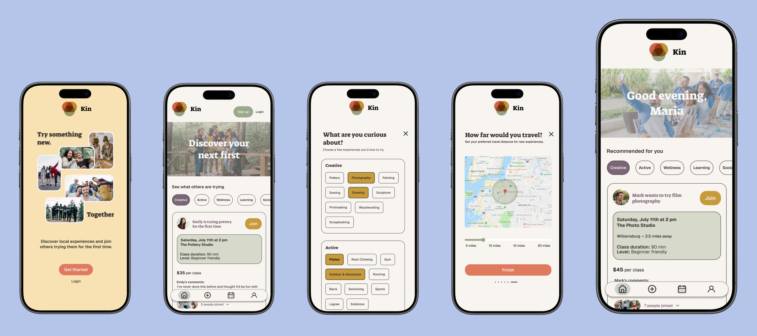 Screenshots of a mobile app called Kin showing various features including exploring new experiences, discovering activities, setting travel preferences, and viewing recommended events with dates and location details.