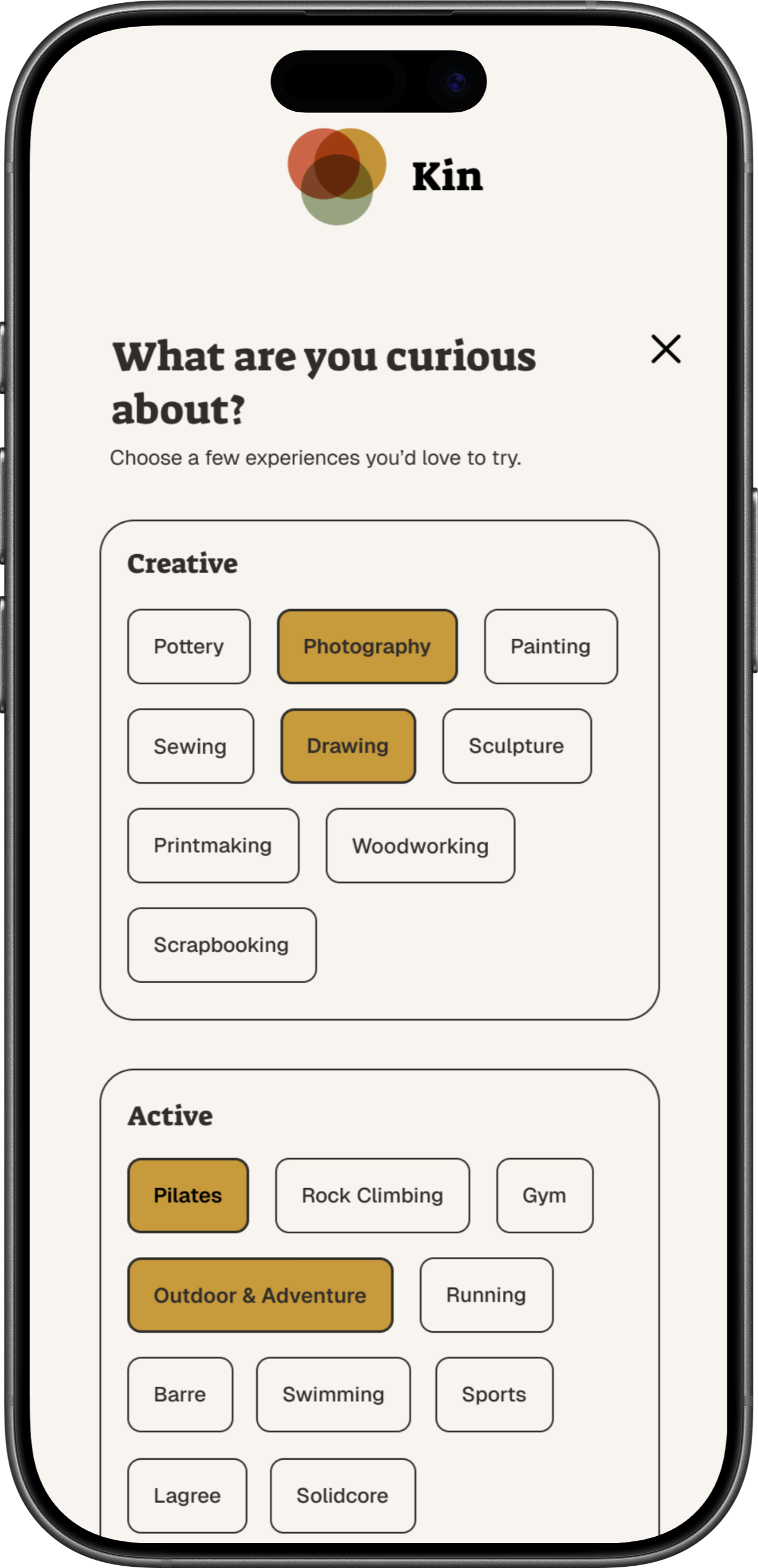 Mobile app screen asking 'What are you curious about?' with options to select experiences such as photography, drawing, Pilates, outdoor adventure, and other activities.