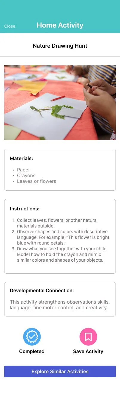 Screen displaying a home activity called 'Nature Drawing Hunt' with instructions for collecting natural materials like leaves and flowers, observing shapes and colors, and drawing objects to strengthen observation skills, language, fine motor control, and creativity.