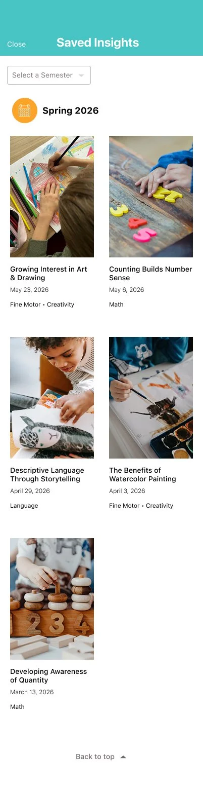 Screenshot of a digital app showing saved educational insights for Spring 2026, including topics on art, math, language, and quantity with thumbnails of children engaging in related activities.