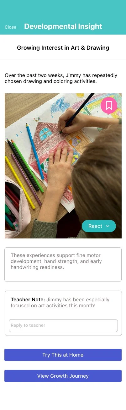 A child drawing and coloring on a piece of paper with colored pencils, with a pink bookmark icon, text about developmental insight and art activities, and buttons for trying activities at home and viewing growth journey.