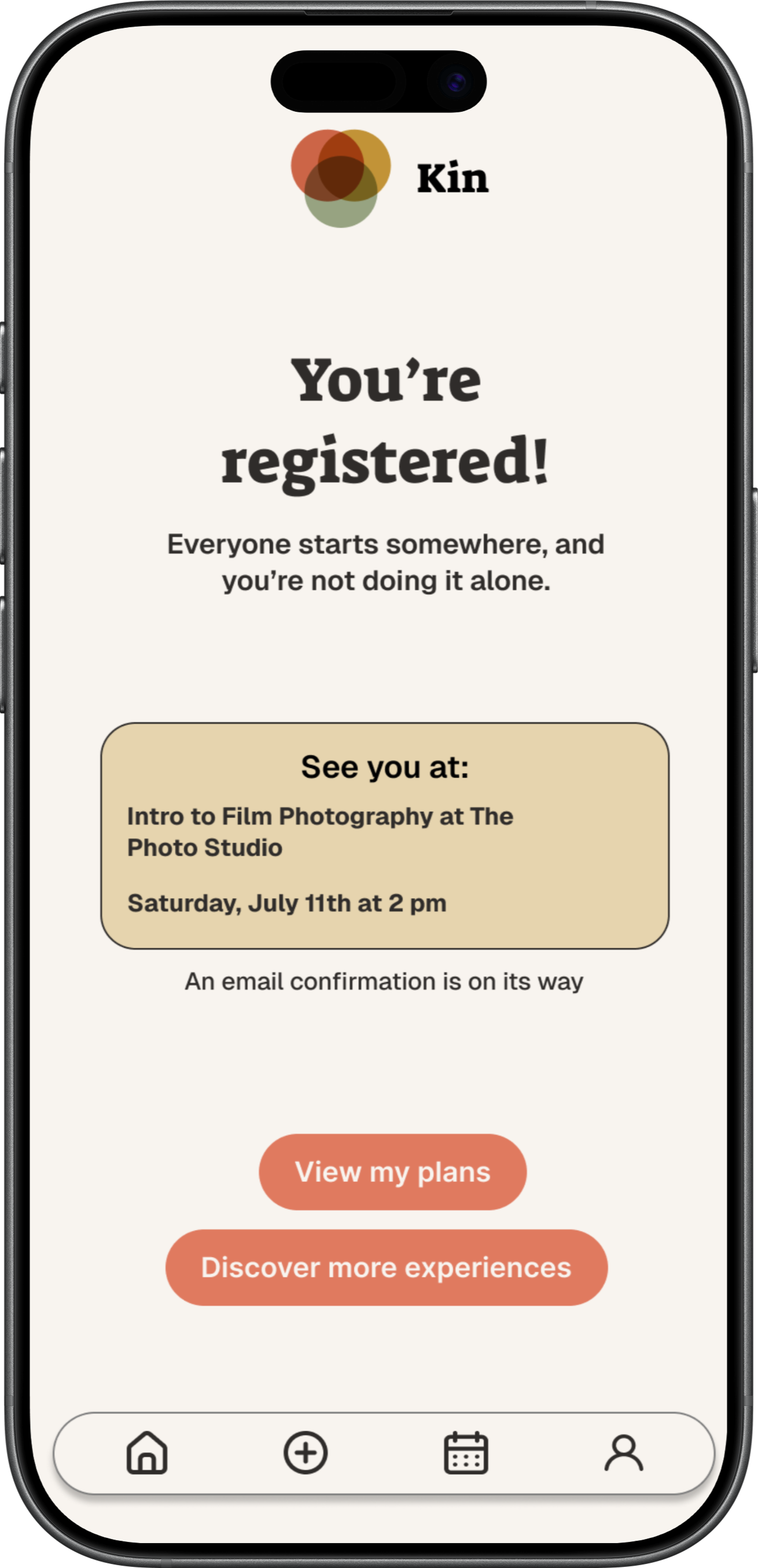 Smartphone screen displaying registration confirmation for a class at The Photo Studio, with event details on July 11th, and buttons for plans and experiences.