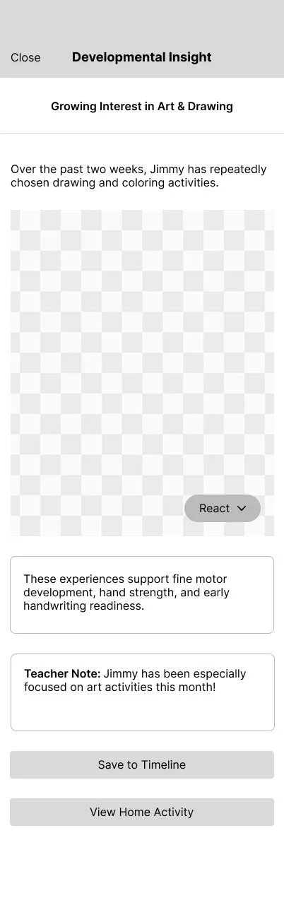 Mobile app screen displaying a developmental insight about children's interest in art and drawing, with an empty drawing area, dropdown menu, notes, and buttons for saving and viewing activities.