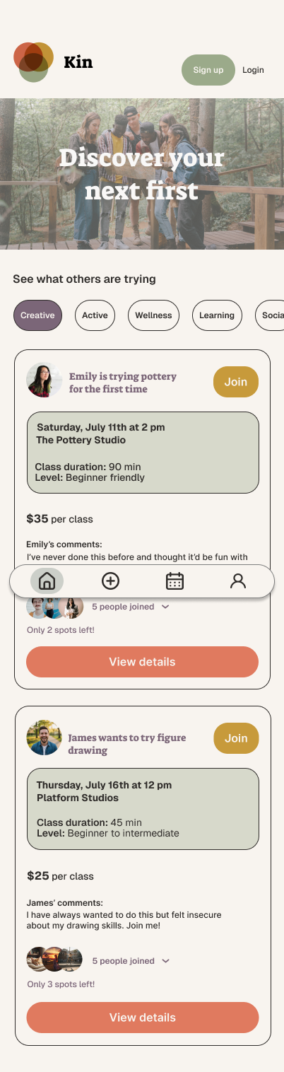 Mobile app interface with options to sign up or log in, showing a group of people outdoors, promoting discovery of activities like pottery and figure drawing classes, with details on class schedules, levels, prices, and comments from participants.