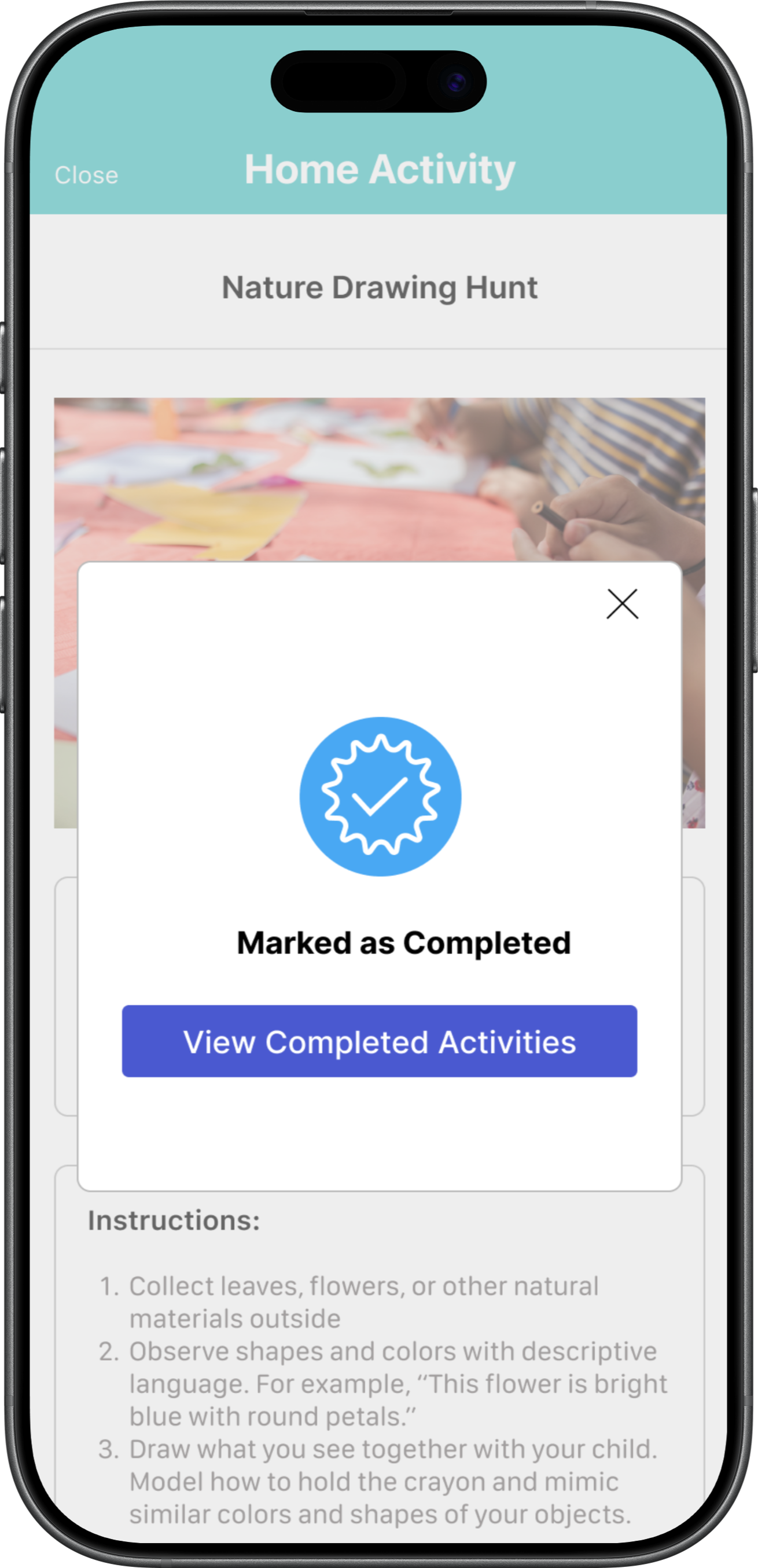 Smartphone screen showing a 'Home Activity' app with a completed activity notification and instruction details underneath.