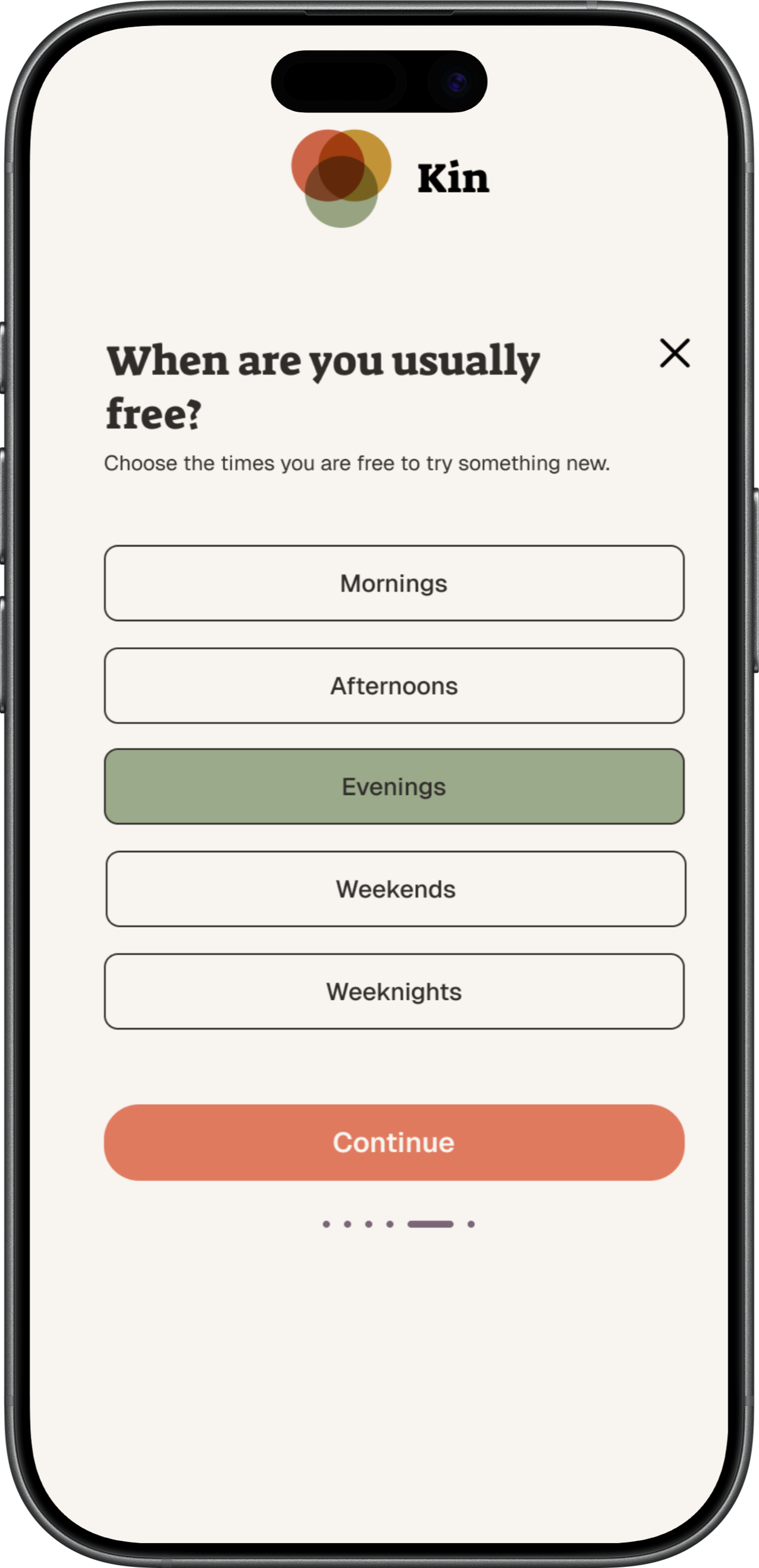 A mobile app screen showing a questionnaire from Kin about preferred free times, with options for mornings, afternoons, evenings, weekends, and weeknights, and a 'Continue' button at the bottom.