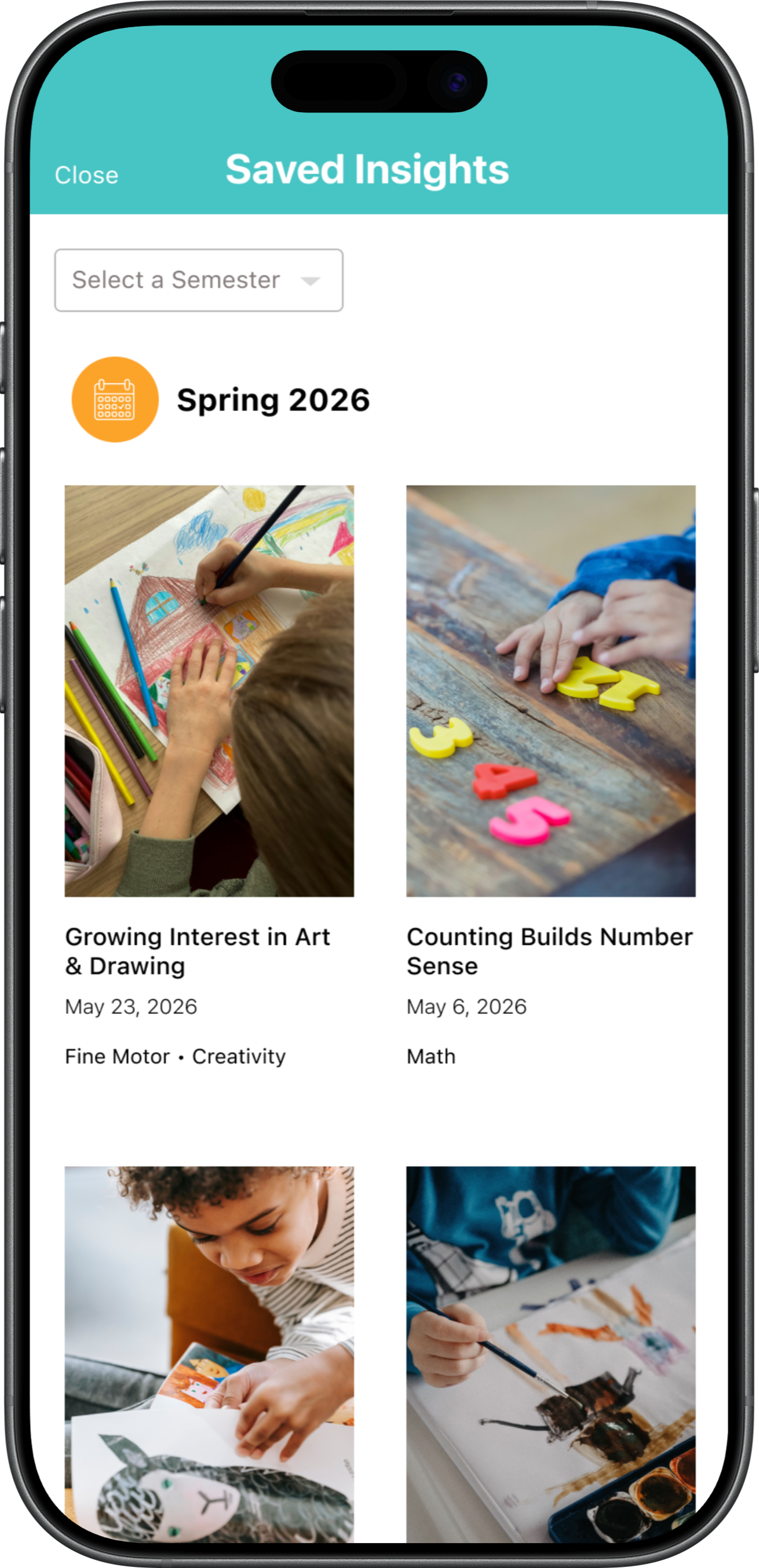 Screenshot of a mobile app displaying saved insights for Spring 2026, featuring images of children engaging in art activities.