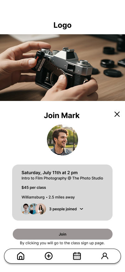 A mobile app screen showing a social group join page for a photography class, with a profile picture of a smiling man, class details, and a join button.