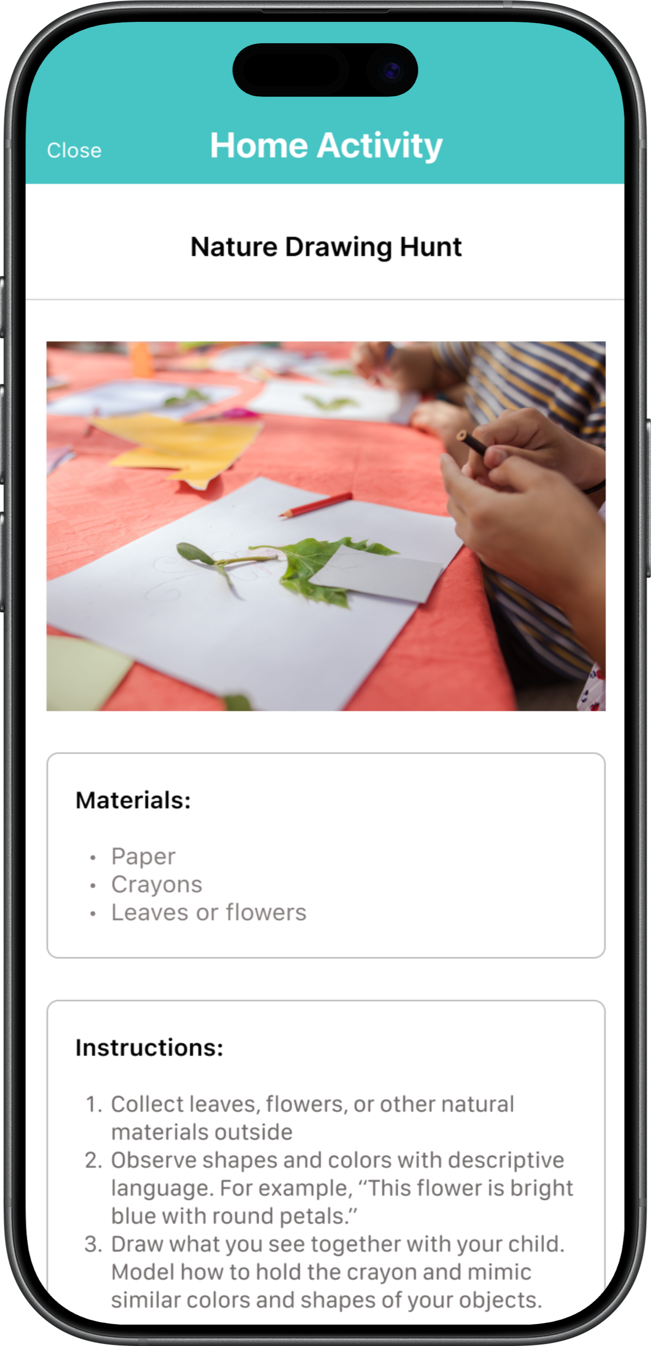 Mobile phone screen displaying a home activity titled 'Nature Drawing Hunt' with instructions and materials, featuring a table with leaves and drawing papers for a nature-themed craft activity.