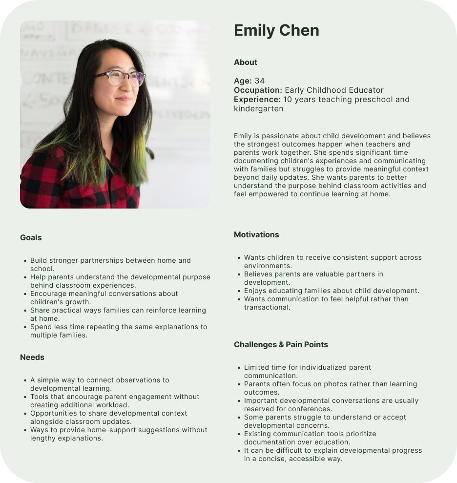 A professional profile for Emily Chen, a 34-year-old early childhood educator with 10 years of experience in teaching preschool and kindergarten. The profile includes a portrait of a woman with black hair that has green tips, wearing glasses and a red and black checkered shirt, smiling in a classroom setting. The profile details her goals, motivations, needs, and challenges related to supporting children's development and family engagement.