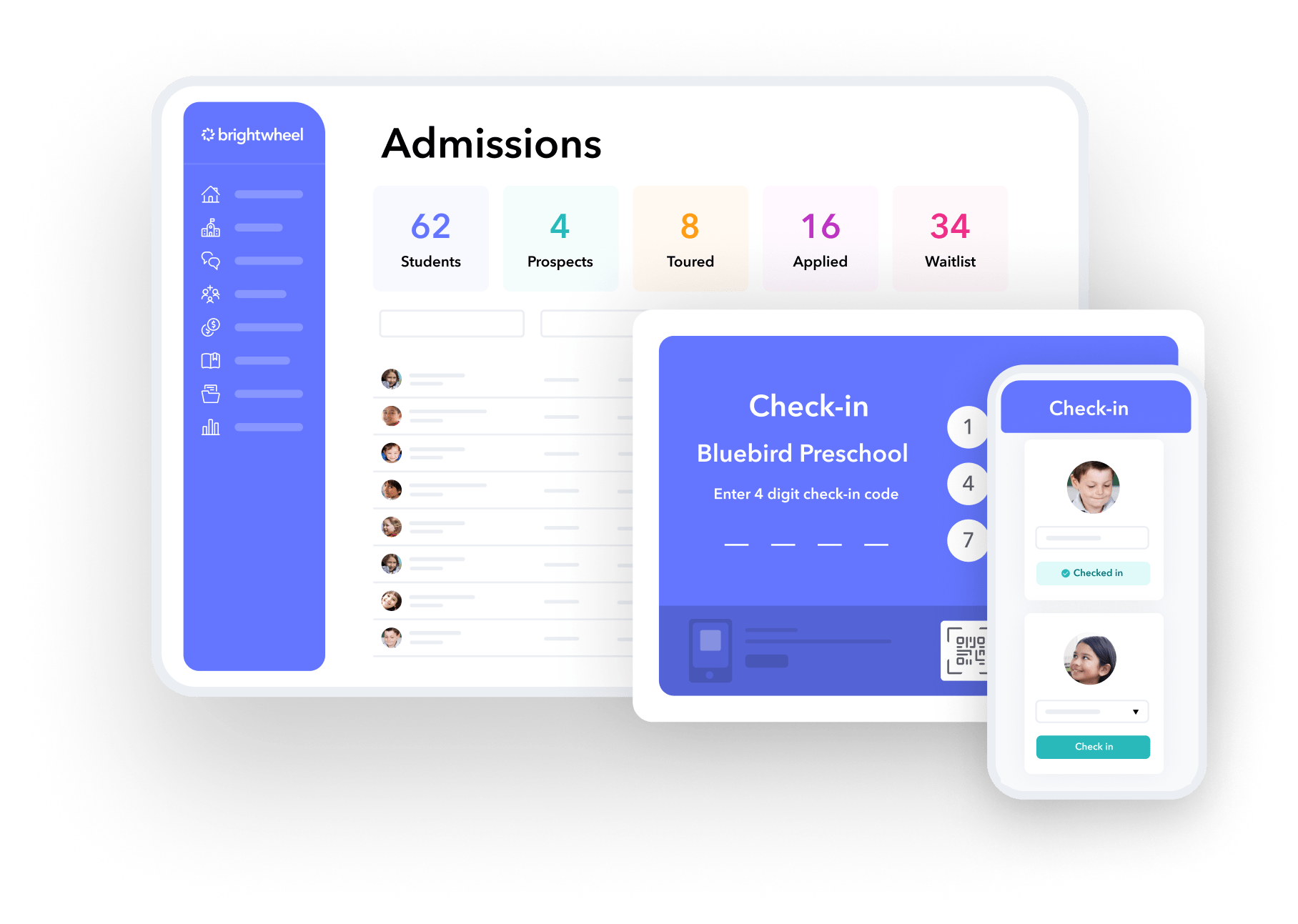 Screenshot of a school admissions management dashboard and a mobile check-in app interface. The dashboard displays student statistics and a list of student profiles. The check-in app shows a photo and details of a child from Bluebird Preschool, with a QR code for scanning.