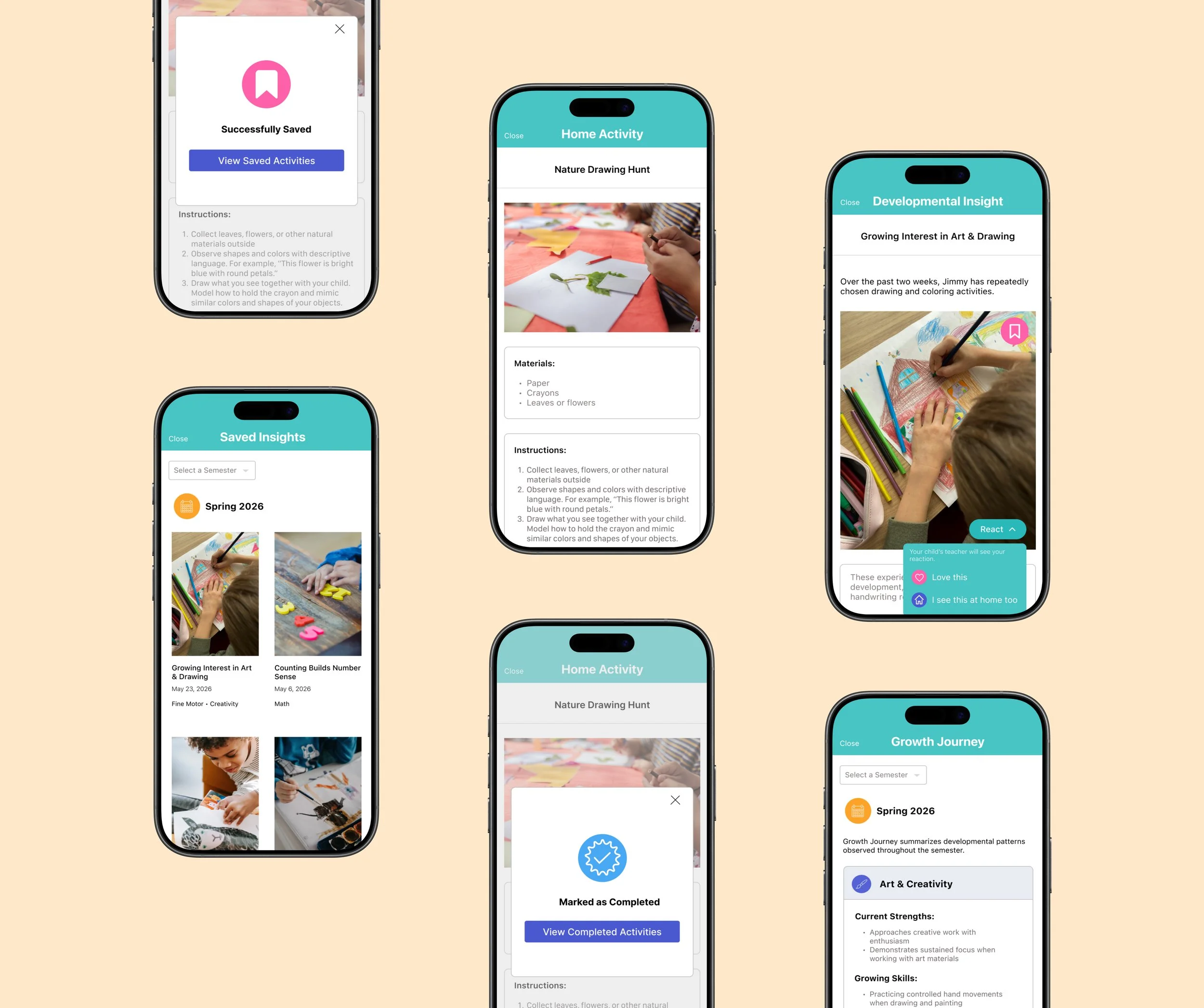 Multiple smartphone screens displaying educational and activity tracking app interfaces with achievements and activity summaries, along with images of children engaging in art and drawing activities.