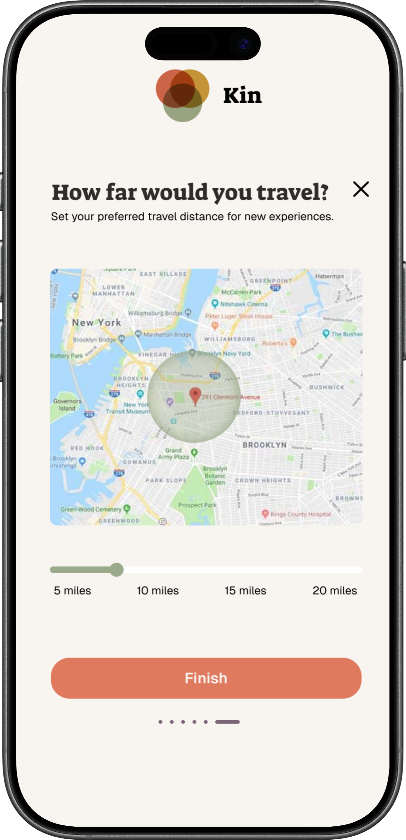 Mobile app screen showing a map of New York City with a travel distance selection slider, set to 5 miles, and a prominent orange 'Finish' button.