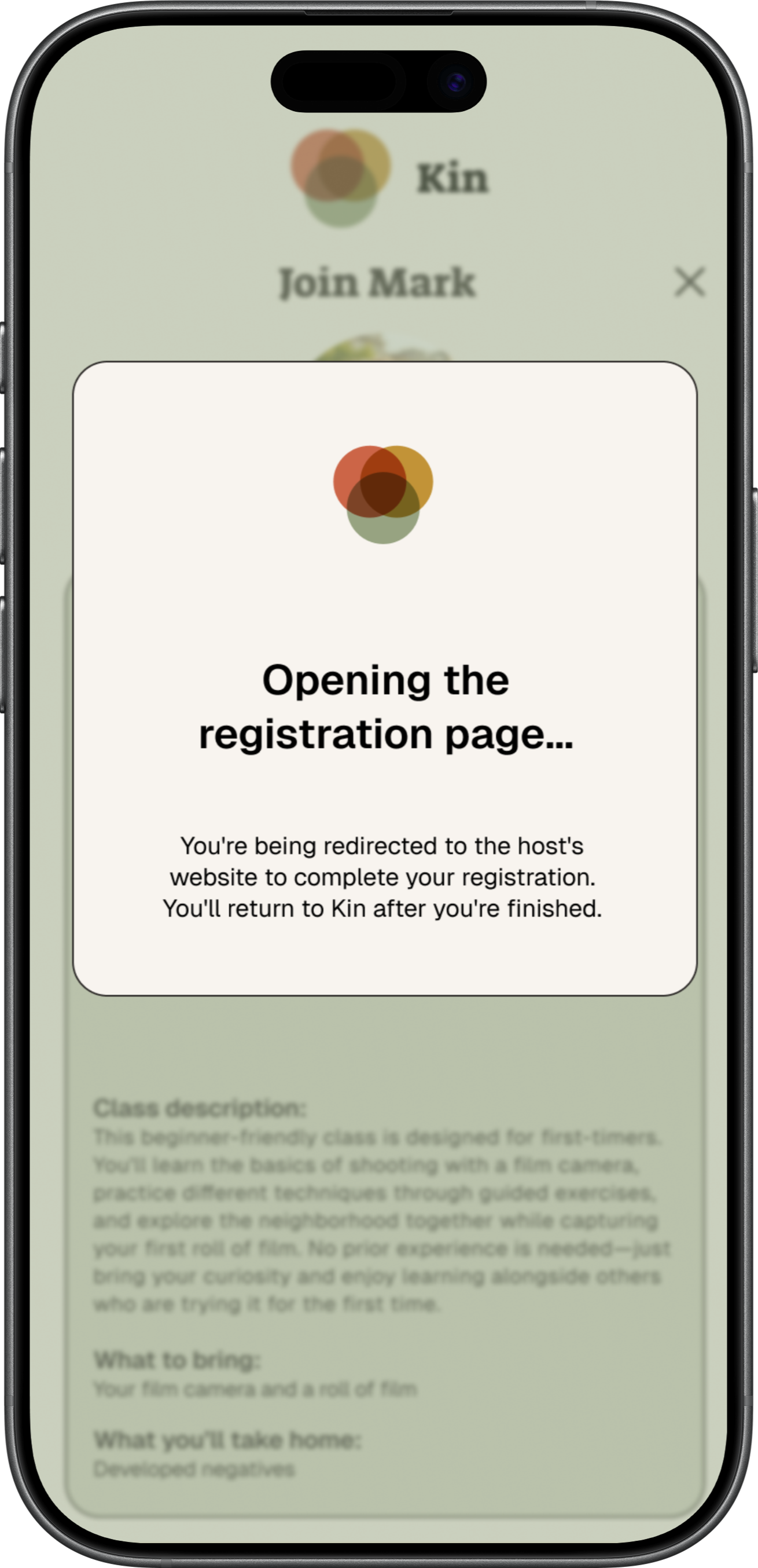 Smartphone screen showing a registration page for a photography class called 'Kin' with instructions for completing registration, class description, and items to bring.